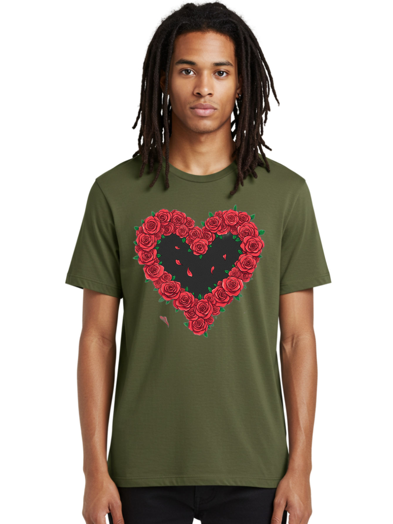 Heart-Of-Roses Men'S Graphic Tee, 100% Cotton, Comfortable Casual Summer Wear, Machine Washable, Heart Shape, Red Roses, Floral Arrangement, Love Symbol, Romance, Valentine'S Day, Beautiful Flowers, Rose Petals Bac034 22