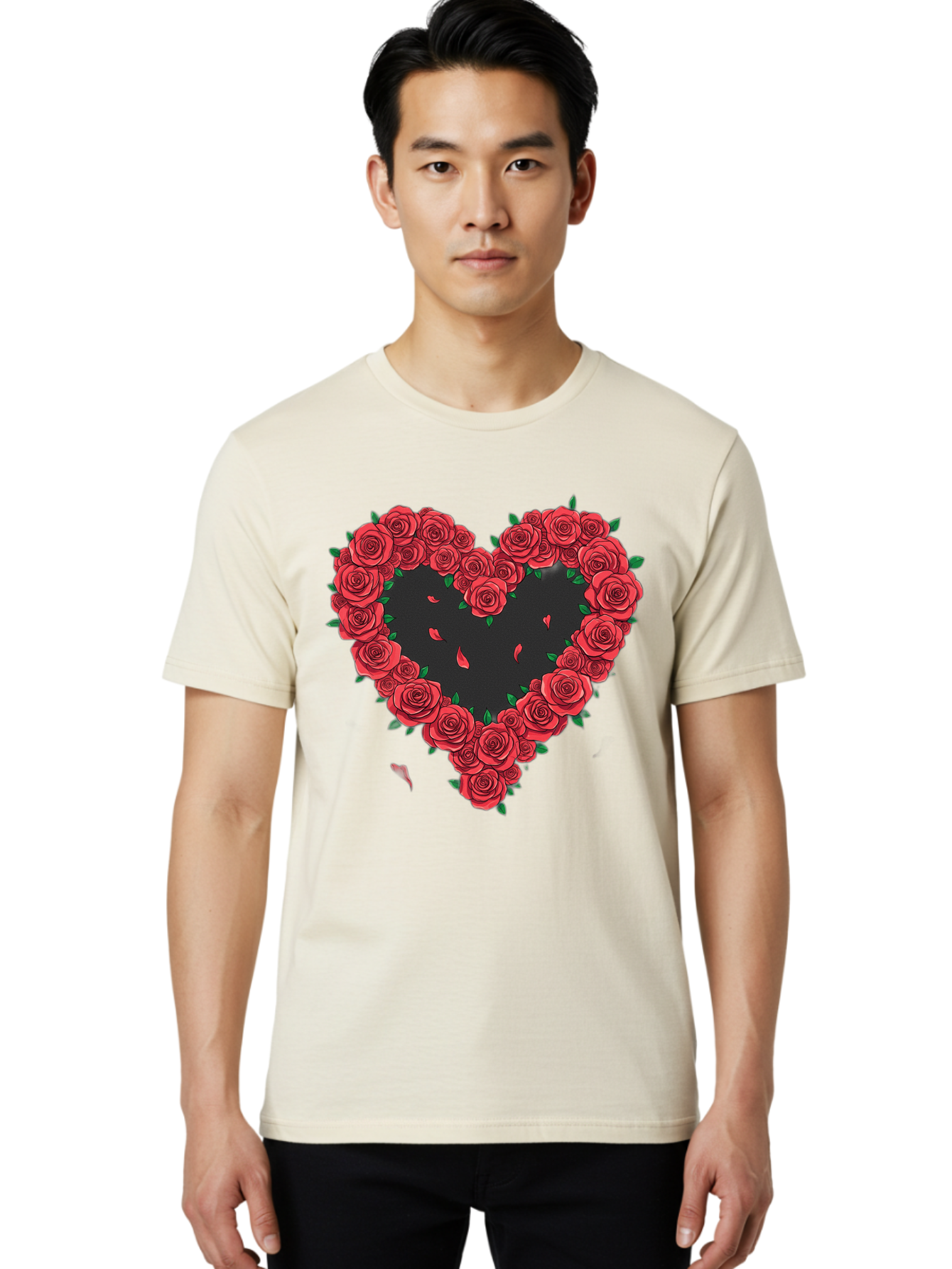 Heart-Of-Roses Men'S Graphic Tee, 100% Cotton, Comfortable Casual Summer Wear, Machine Washable, Heart Shape, Red Roses, Floral Arrangement, Love Symbol, Romance, Valentine'S Day, Beautiful Flowers, Rose Petals Bac034 27