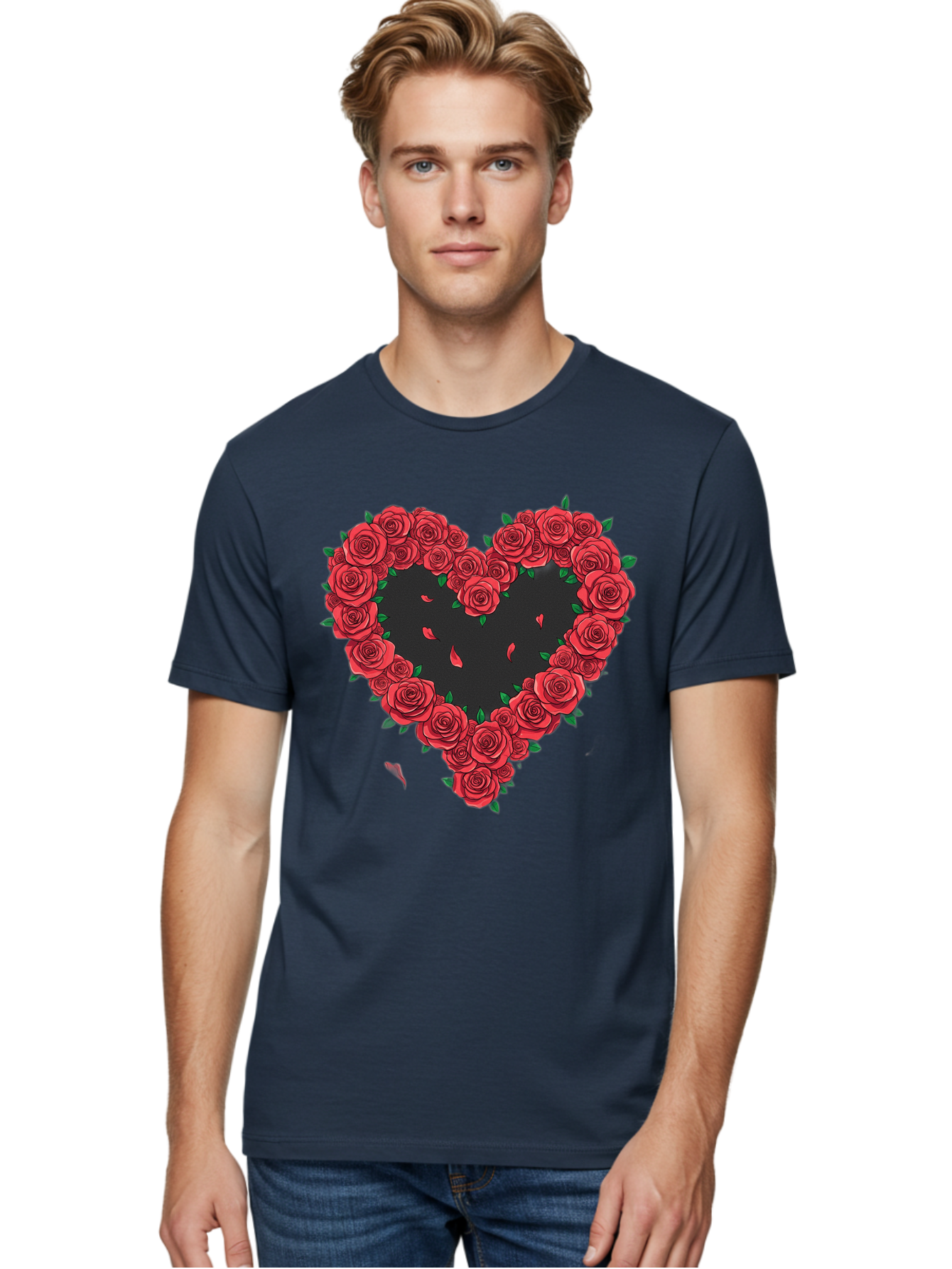 Heart-Of-Roses Men'S Graphic Tee, 100% Cotton, Comfortable Casual Summer Wear, Machine Washable, Heart Shape, Red Roses, Floral Arrangement, Love Symbol, Romance, Valentine'S Day, Beautiful Flowers, Rose Petals Bac034 26