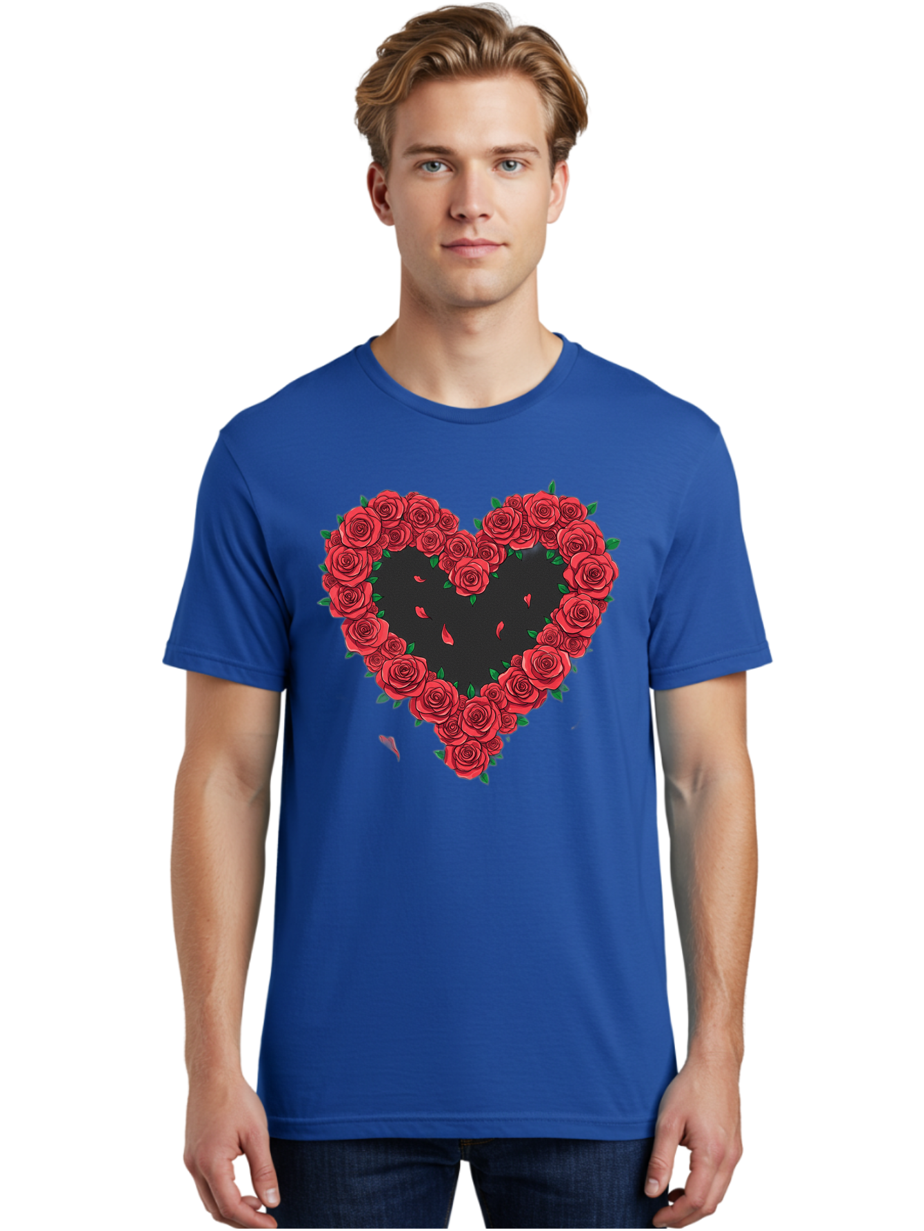 Heart-Of-Roses Men'S Graphic Tee, 100% Cotton, Comfortable Casual Summer Wear, Machine Washable, Heart Shape, Red Roses, Floral Arrangement, Love Symbol, Romance, Valentine'S Day, Beautiful Flowers, Rose Petals Bac034 29