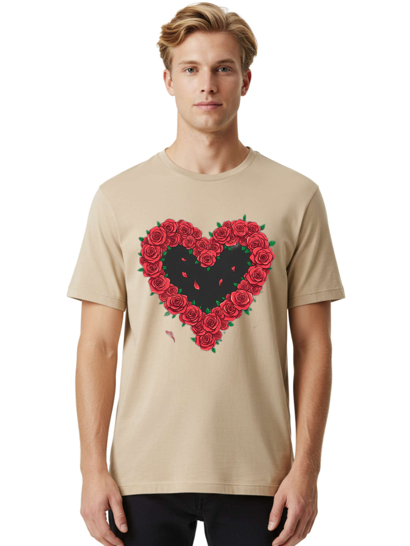 Heart-Of-Roses Men'S Graphic Tee, 100% Cotton, Comfortable Casual Summer Wear, Machine Washable, Heart Shape, Red Roses, Floral Arrangement, Love Symbol, Romance, Valentine'S Day, Beautiful Flowers, Rose Petals Bac034 30