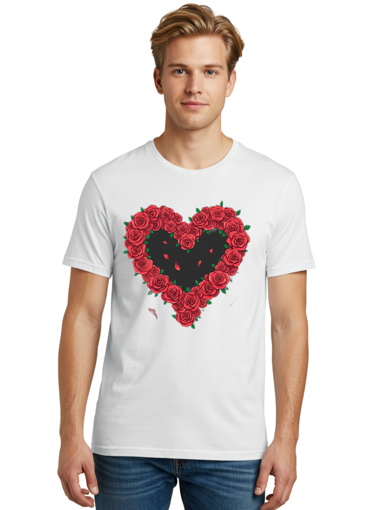 Heart-Of-Roses Men'S Graphic Tee, 100% Cotton, Comfortable Casual Summer Wear, Machine Washable, Heart Shape, Red Roses, Floral Arrangement, Love Symbol, Romance, Valentine'S Day, Beautiful Flowers, Rose Petals Bac034 28