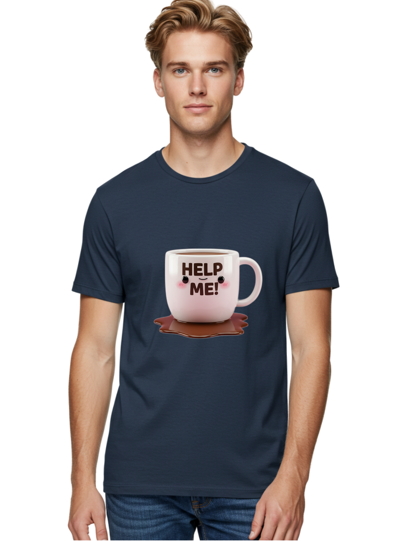 Help-Me-1 Men'S Graphic Tee, 100% Cotton, Comfortable Casual Summer Wear, Machine Washable, Help Me Coffee Mug, Cute Cartoon Design, Coffee Spill, Brown Liquid, Humorous Expression, Adorable Character, Cute Blush Cheeks, Coffee Lover Gift Bac035 27