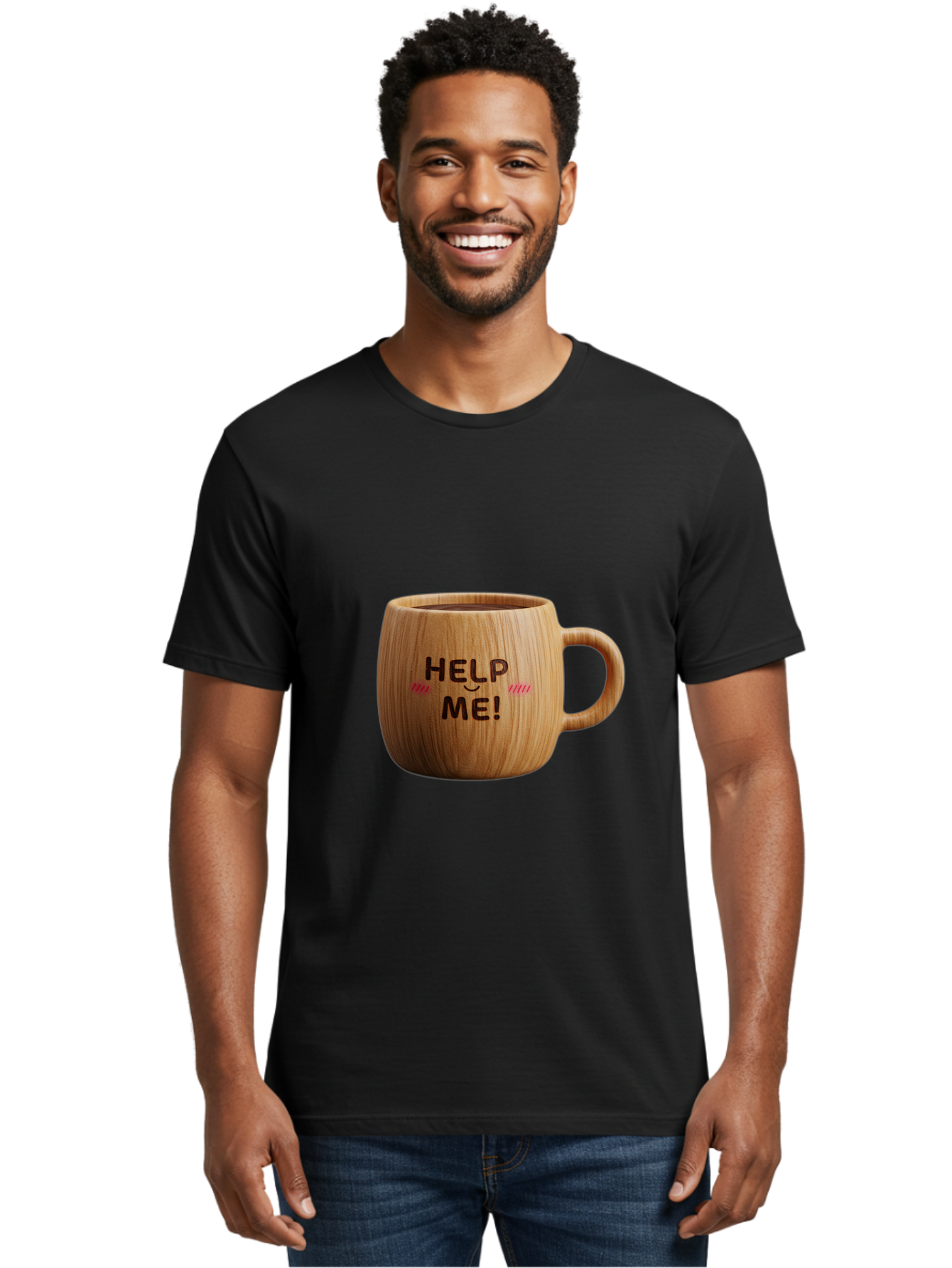 Help-Me-11 Men'S Graphic Tee, 100% Cotton, Comfortable Casual Summer Wear, Machine Washable, Wooden Coffee Mug, Text Design, Humorous Phrase, Funny Quote, Help Me, Quirky Decor, Novelty Gift, Unique Coffee Cup, Whimsical Illustration Bac037 29
