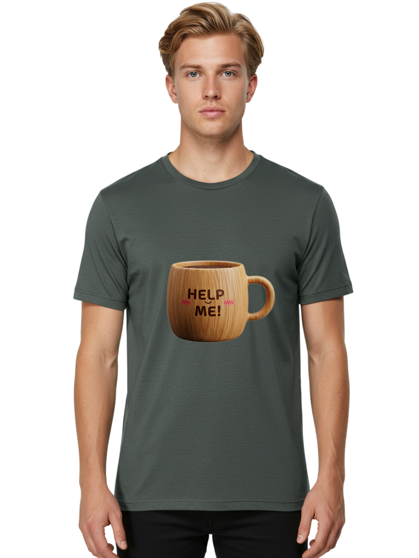 Help-Me-11 Men'S Graphic Tee, 100% Cotton, Comfortable Casual Summer Wear, Machine Washable, Wooden Coffee Mug, Text Design, Humorous Phrase, Funny Quote, Help Me, Quirky Decor, Novelty Gift, Unique Coffee Cup, Whimsical Illustration Bac037 26