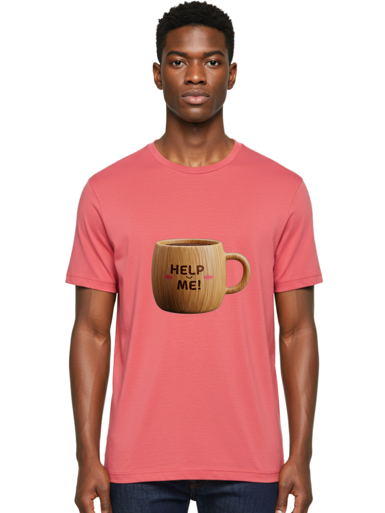 Help-Me-11 Men'S Graphic Tee, 100% Cotton, Comfortable Casual Summer Wear, Machine Washable, Wooden Coffee Mug, Text Design, Humorous Phrase, Funny Quote, Help Me, Quirky Decor, Novelty Gift, Unique Coffee Cup, Whimsical Illustration Bac037 27
