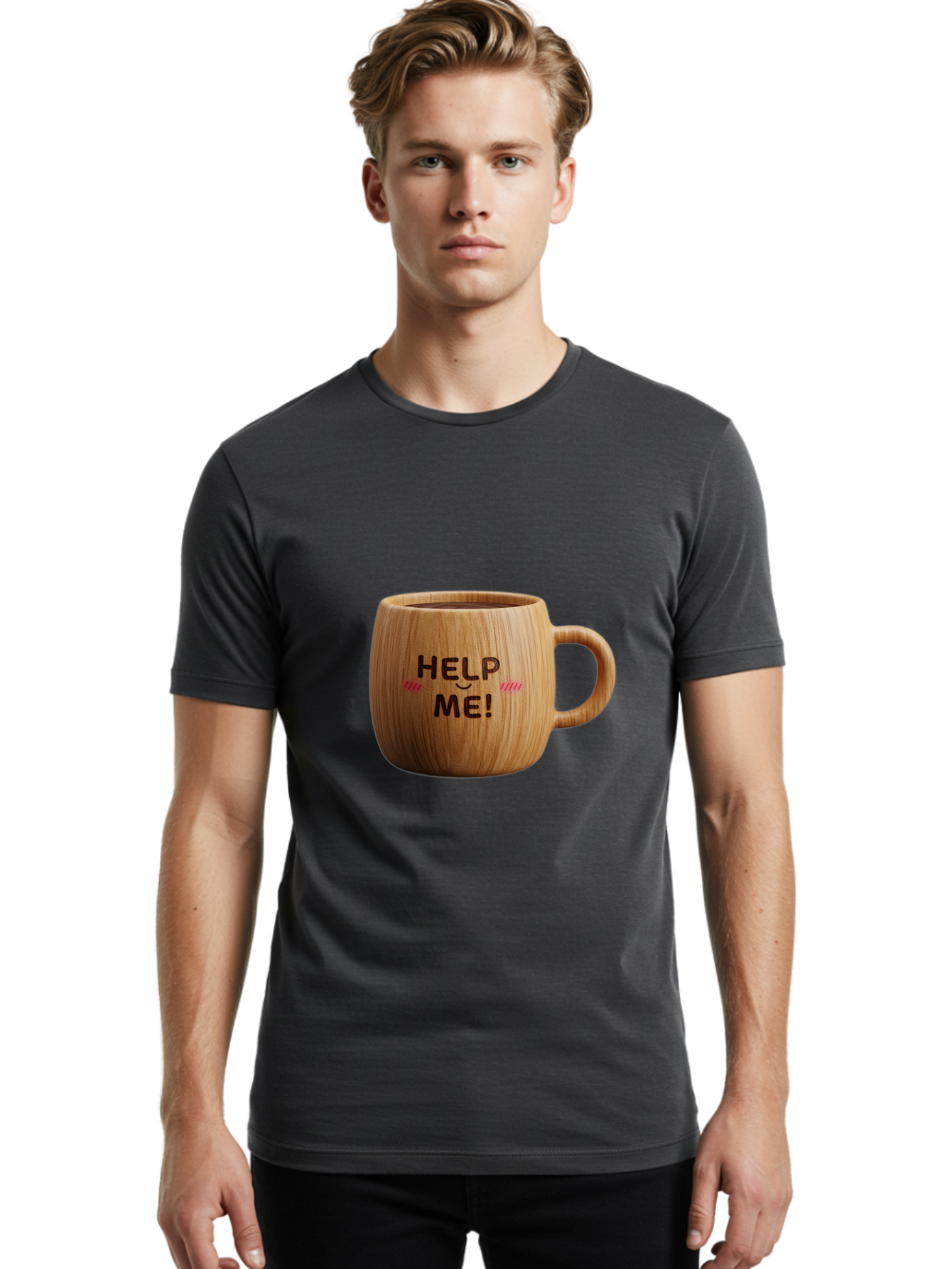Help-Me-11 Men'S Graphic Tee, 100% Cotton, Comfortable Casual Summer Wear, Machine Washable, Wooden Coffee Mug, Text Design, Humorous Phrase, Funny Quote, Help Me, Quirky Decor, Novelty Gift, Unique Coffee Cup, Whimsical Illustration Bac037 24