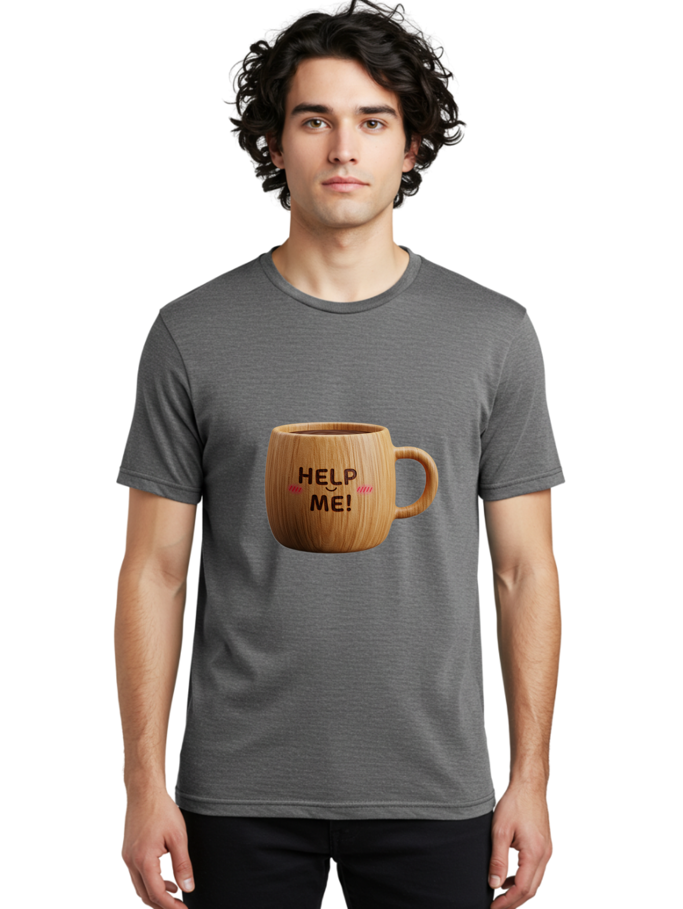 Help-Me-11 Men'S Graphic Tee, 100% Cotton, Comfortable Casual Summer Wear, Machine Washable, Wooden Coffee Mug, Text Design, Humorous Phrase, Funny Quote, Help Me, Quirky Decor, Novelty Gift, Unique Coffee Cup, Whimsical Illustration Bac037 16
