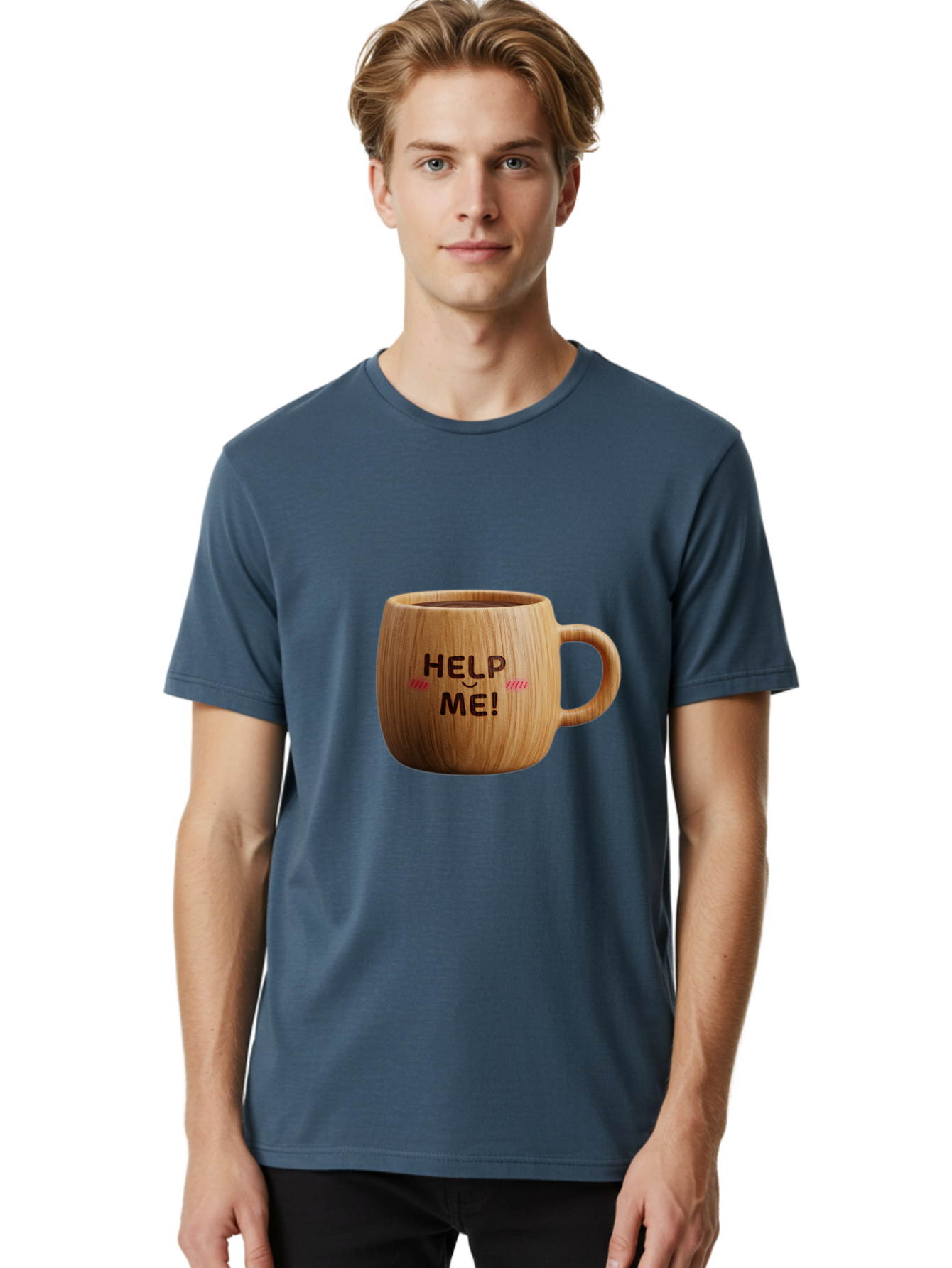Help-Me-11 Men'S Graphic Tee, 100% Cotton, Comfortable Casual Summer Wear, Machine Washable, Wooden Coffee Mug, Text Design, Humorous Phrase, Funny Quote, Help Me, Quirky Decor, Novelty Gift, Unique Coffee Cup, Whimsical Illustration Bac037 30