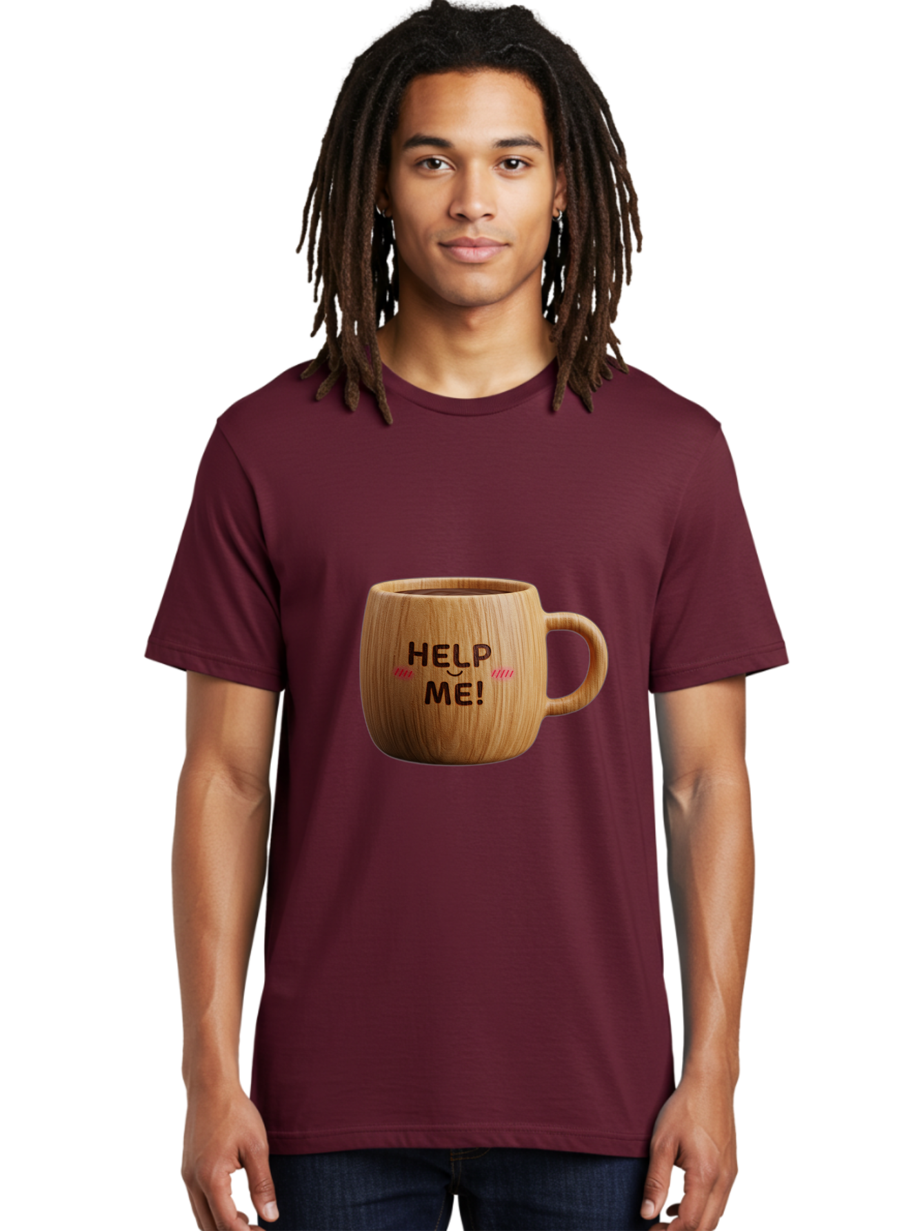 Help-Me-11 Men'S Graphic Tee, 100% Cotton, Comfortable Casual Summer Wear, Machine Washable, Wooden Coffee Mug, Text Design, Humorous Phrase, Funny Quote, Help Me, Quirky Decor, Novelty Gift, Unique Coffee Cup, Whimsical Illustration Bac037 19
