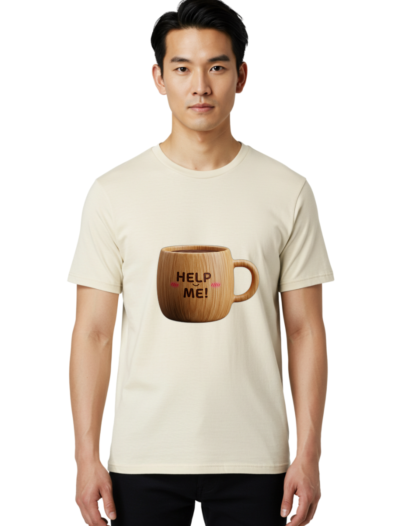 Help-Me-11 Men'S Graphic Tee, 100% Cotton, Comfortable Casual Summer Wear, Machine Washable, Wooden Coffee Mug, Text Design, Humorous Phrase, Funny Quote, Help Me, Quirky Decor, Novelty Gift, Unique Coffee Cup, Whimsical Illustration Bac037 28