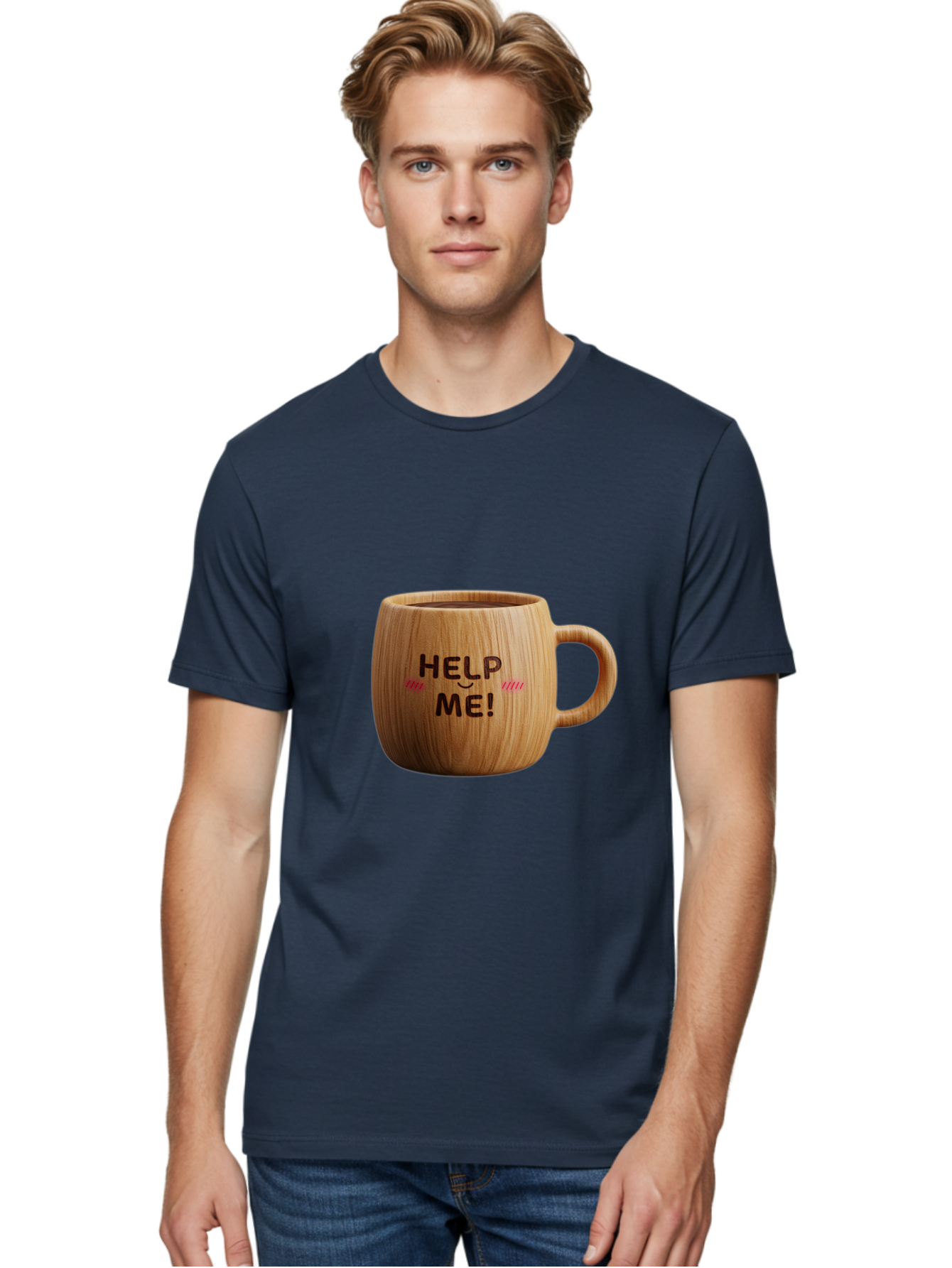 Help-Me-11 Men'S Graphic Tee, 100% Cotton, Comfortable Casual Summer Wear, Machine Washable, Wooden Coffee Mug, Text Design, Humorous Phrase, Funny Quote, Help Me, Quirky Decor, Novelty Gift, Unique Coffee Cup, Whimsical Illustration Bac037 22