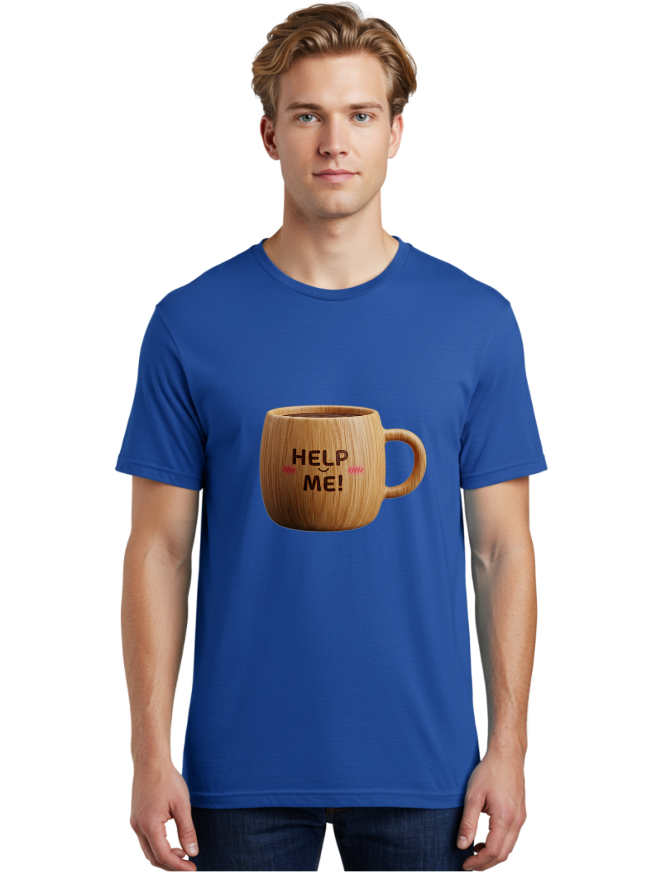Help-Me-11 Men'S Graphic Tee, 100% Cotton, Comfortable Casual Summer Wear, Machine Washable, Wooden Coffee Mug, Text Design, Humorous Phrase, Funny Quote, Help Me, Quirky Decor, Novelty Gift, Unique Coffee Cup, Whimsical Illustration Bac037 18
