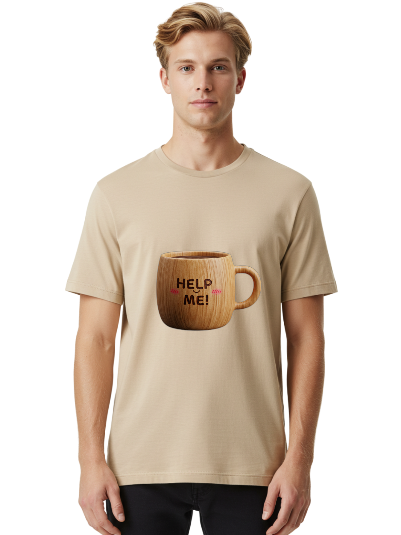 Help-Me-11 Men'S Graphic Tee, 100% Cotton, Comfortable Casual Summer Wear, Machine Washable, Wooden Coffee Mug, Text Design, Humorous Phrase, Funny Quote, Help Me, Quirky Decor, Novelty Gift, Unique Coffee Cup, Whimsical Illustration Bac037 17
