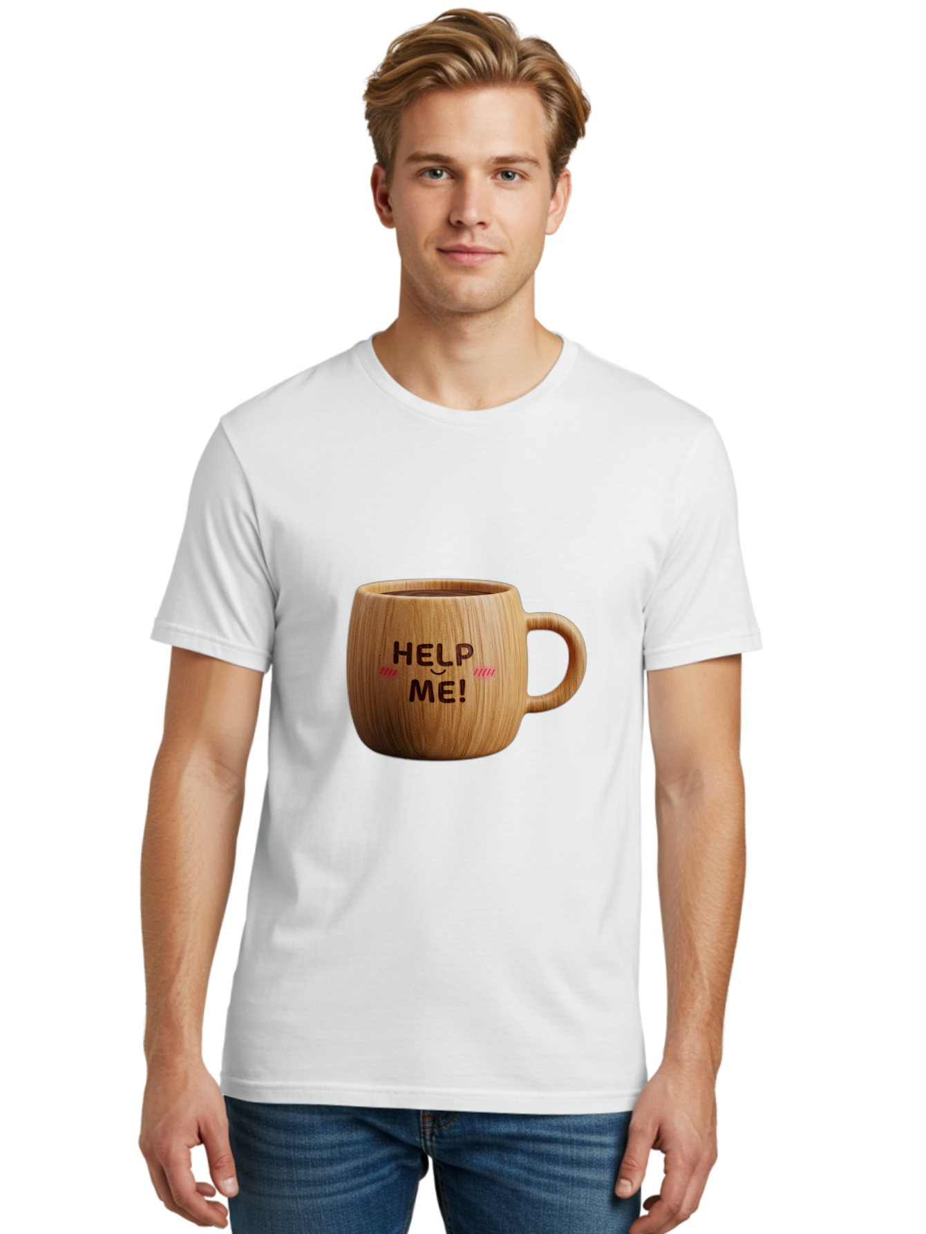 Help-Me-11 Men'S Graphic Tee, 100% Cotton, Comfortable Casual Summer Wear, Machine Washable, Wooden Coffee Mug, Text Design, Humorous Phrase, Funny Quote, Help Me, Quirky Decor, Novelty Gift, Unique Coffee Cup, Whimsical Illustration Bac037 25