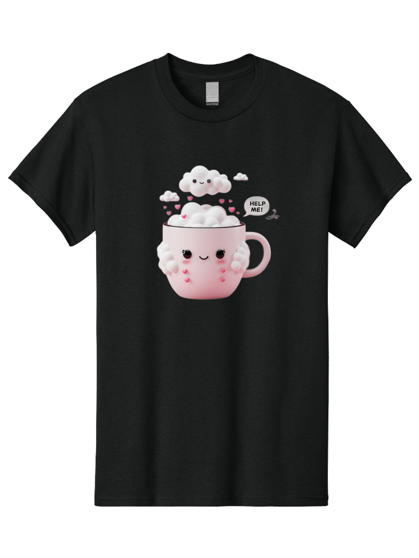 Help-Me-12 Men'S Graphic Tee, 100% Cotton, Comfortable Casual Summer Wear, Machine Washable, Cute Coffee Mug, Cartoon Character, Coffee Foam, Pink Hearts, Smiling Face, Speech Bubble, Help Me, Coffee Lover, Funny Illustration, Kawaii Art, Bac038 12