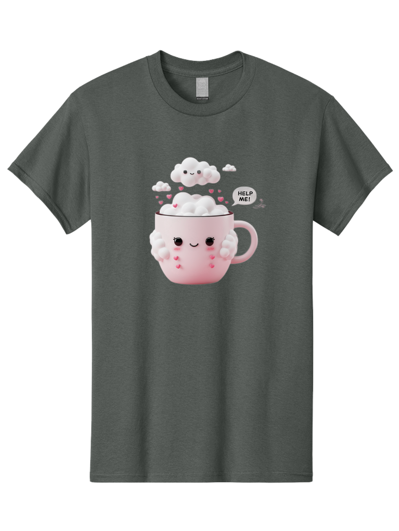 Help-Me-12 Men'S Graphic Tee, 100% Cotton, Comfortable Casual Summer Wear, Machine Washable, Cute Coffee Mug, Cartoon Character, Coffee Foam, Pink Hearts, Smiling Face, Speech Bubble, Help Me, Coffee Lover, Funny Illustration, Kawaii Art, Bac038 13