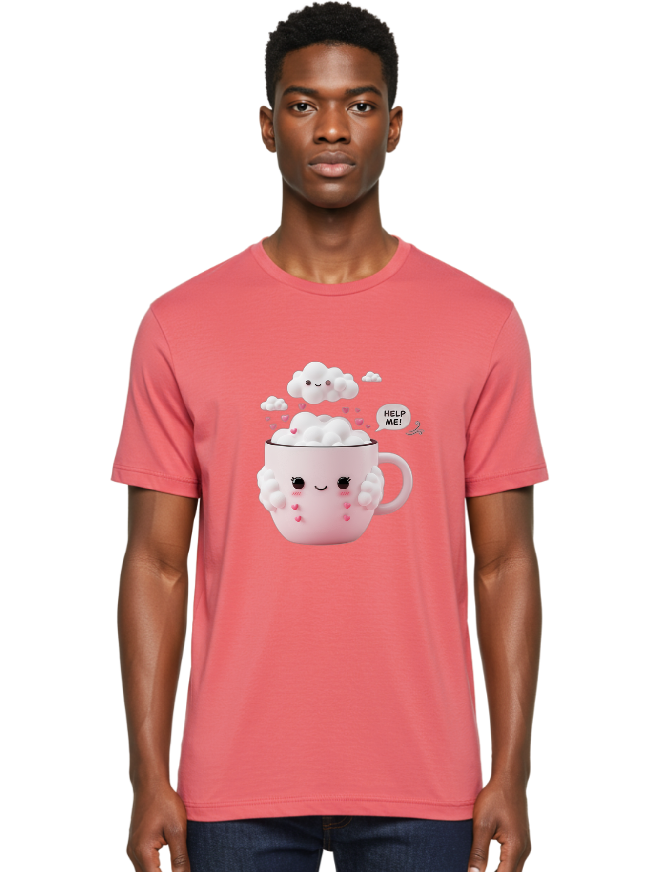 Help-Me-12 Men'S Graphic Tee, 100% Cotton, Comfortable Casual Summer Wear, Machine Washable, Cute Coffee Mug, Cartoon Character, Coffee Foam, Pink Hearts, Smiling Face, Speech Bubble, Help Me, Coffee Lover, Funny Illustration, Kawaii Art, Bac038 17