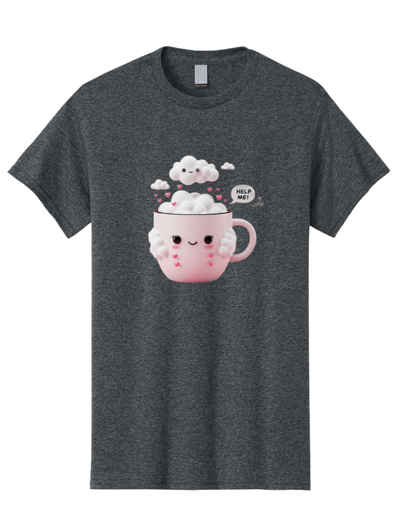 Help-Me-12 Men'S Graphic Tee, 100% Cotton, Comfortable Casual Summer Wear, Machine Washable, Cute Coffee Mug, Cartoon Character, Coffee Foam, Pink Hearts, Smiling Face, Speech Bubble, Help Me, Coffee Lover, Funny Illustration, Kawaii Art, Bac038 14