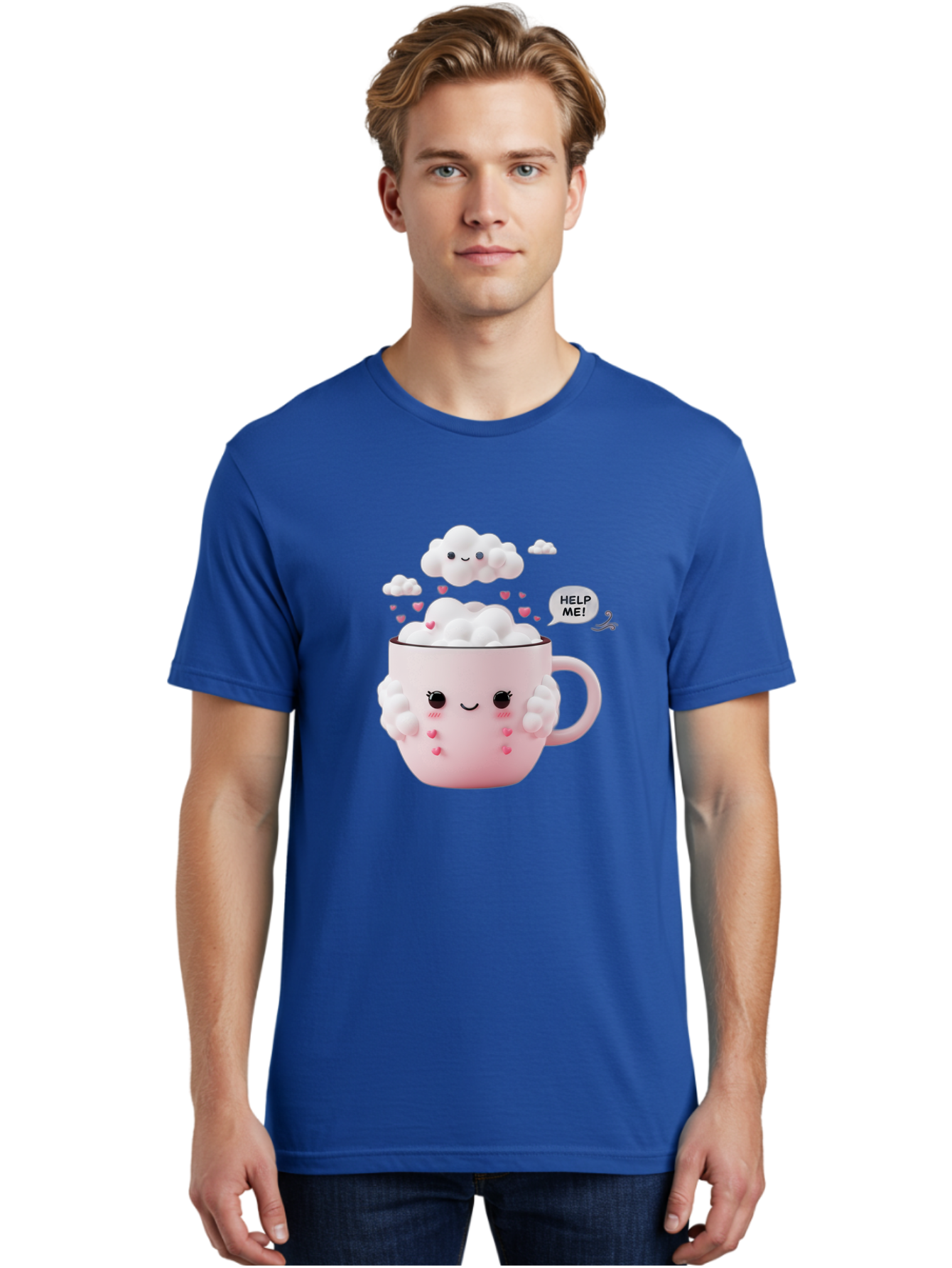 Help-Me-12 Men'S Graphic Tee, 100% Cotton, Comfortable Casual Summer Wear, Machine Washable, Cute Coffee Mug, Cartoon Character, Coffee Foam, Pink Hearts, Smiling Face, Speech Bubble, Help Me, Coffee Lover, Funny Illustration, Kawaii Art, Bac038 25