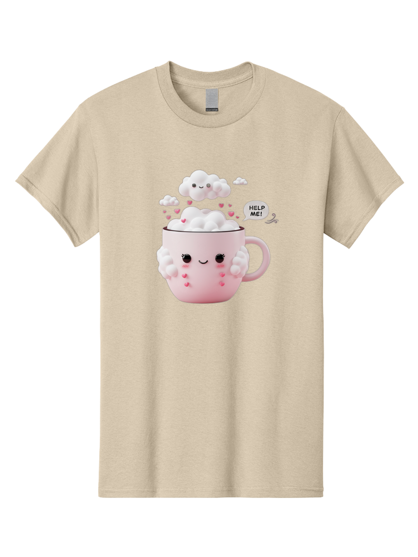 Help-Me-12 Men'S Graphic Tee, 100% Cotton, Comfortable Casual Summer Wear, Machine Washable, Cute Coffee Mug, Cartoon Character, Coffee Foam, Pink Hearts, Smiling Face, Speech Bubble, Help Me, Coffee Lover, Funny Illustration, Kawaii Art, Bac038 9