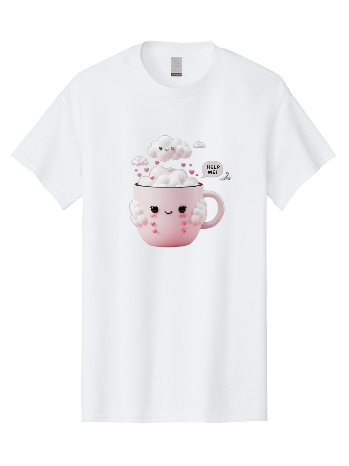 Help-Me-12 Men'S Graphic Tee, 100% Cotton, Comfortable Casual Summer Wear, Machine Washable, Cute Coffee Mug, Cartoon Character, Coffee Foam, Pink Hearts, Smiling Face, Speech Bubble, Help Me, Coffee Lover, Funny Illustration, Kawaii Art, Bac038 11