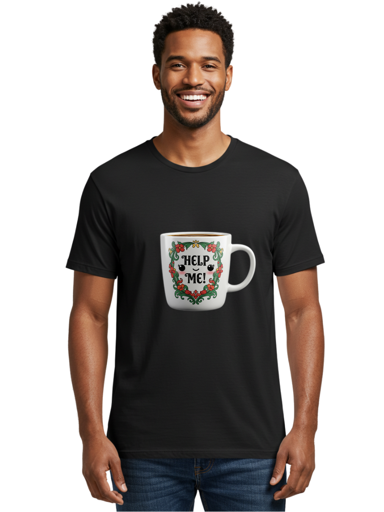 Help-Me-13 Men'S Graphic Tee, 100% Cotton, Comfortable Casual Summer Wear, Machine Washable, Funny Coffee Mug, Quirky Design, Distressed Humor, Floral Wreath, Cute Face, Humorous Quote, Playful Design, Novelty Mug, Coffee Lover Gift Bac039 23