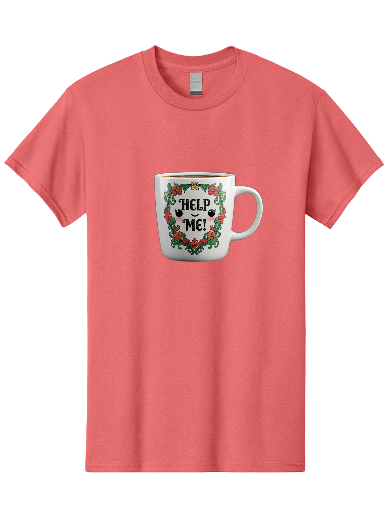 Help-Me-13 Men'S Graphic Tee, 100% Cotton, Comfortable Casual Summer Wear, Machine Washable, Funny Coffee Mug, Quirky Design, Distressed Humor, Floral Wreath, Cute Face, Humorous Quote, Playful Design, Novelty Mug, Coffee Lover Gift Bac039 10