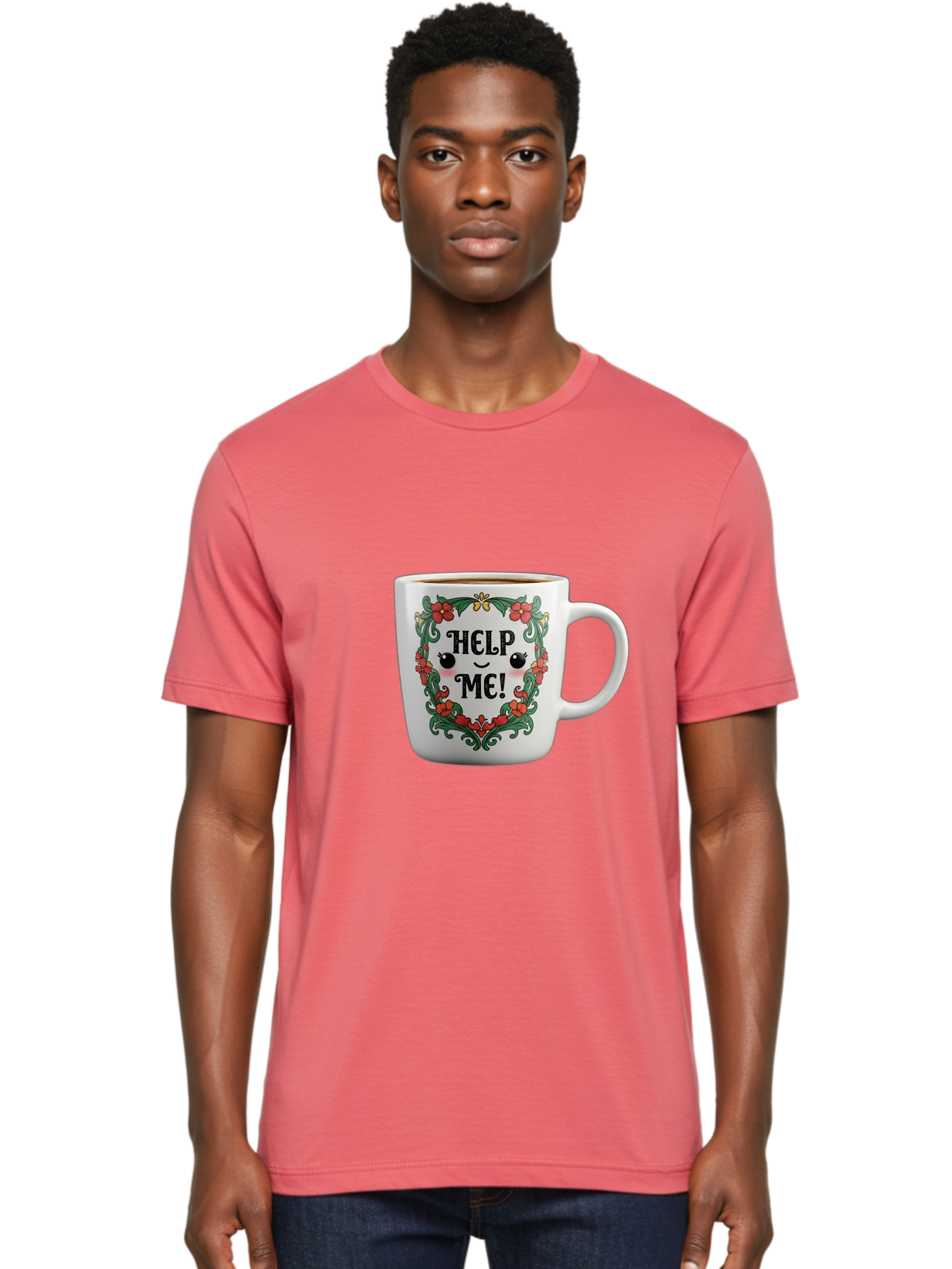 Help-Me-13 Men'S Graphic Tee, 100% Cotton, Comfortable Casual Summer Wear, Machine Washable, Funny Coffee Mug, Quirky Design, Distressed Humor, Floral Wreath, Cute Face, Humorous Quote, Playful Design, Novelty Mug, Coffee Lover Gift Bac039 25