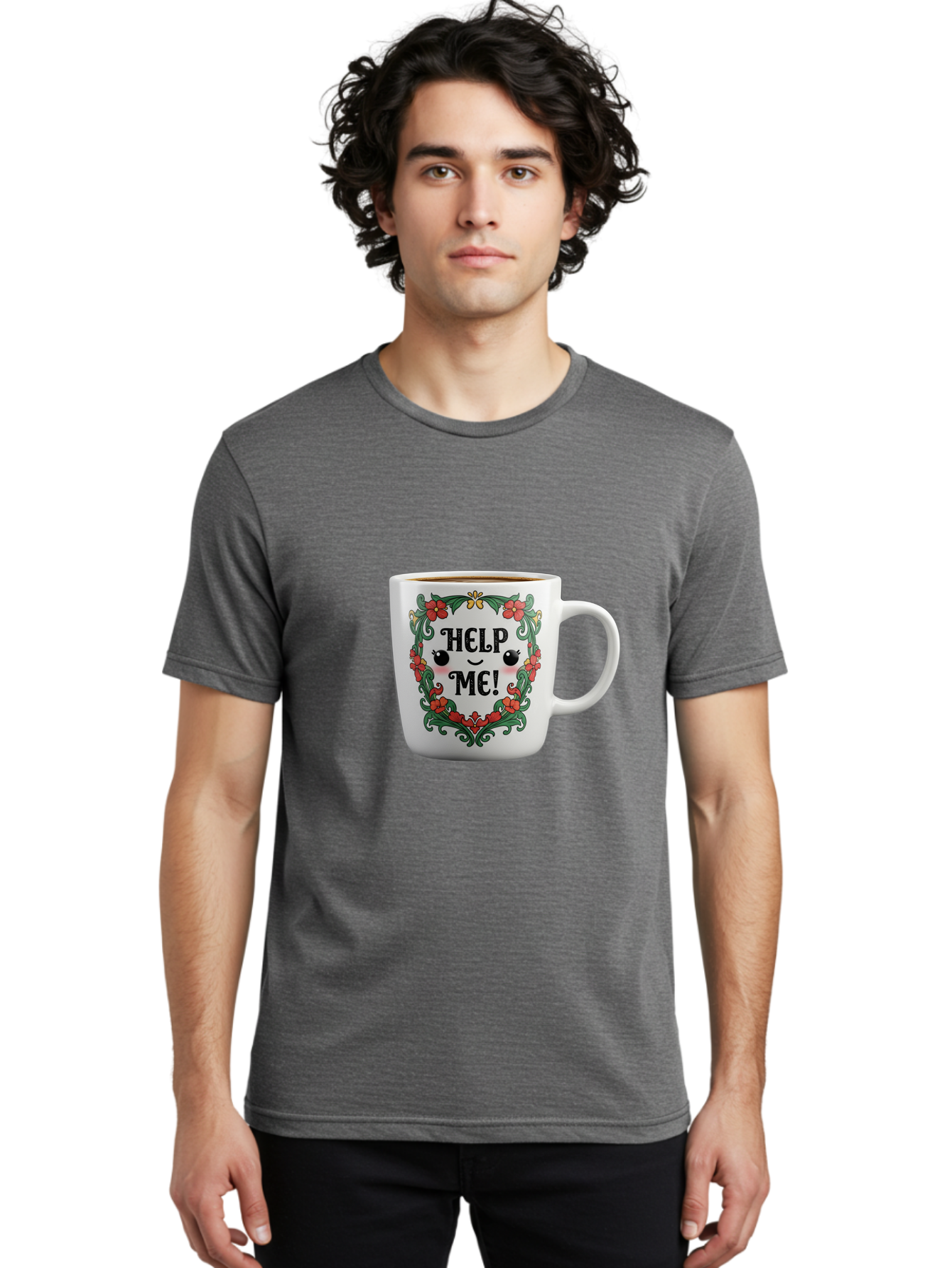 Help-Me-13 Men'S Graphic Tee, 100% Cotton, Comfortable Casual Summer Wear, Machine Washable, Funny Coffee Mug, Quirky Design, Distressed Humor, Floral Wreath, Cute Face, Humorous Quote, Playful Design, Novelty Mug, Coffee Lover Gift Bac039 19