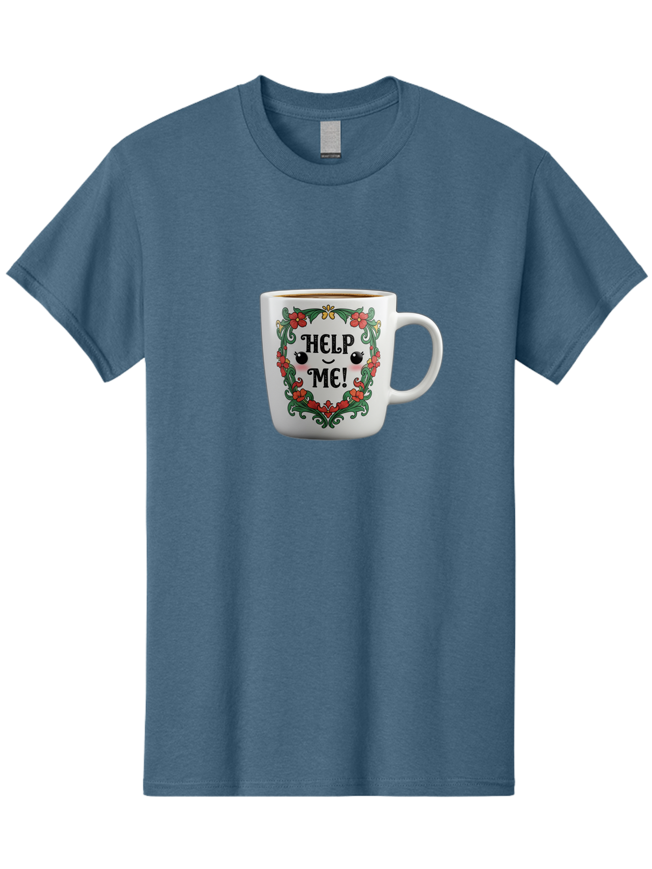 Help-Me-13 Men'S Graphic Tee, 100% Cotton, Comfortable Casual Summer Wear, Machine Washable, Funny Coffee Mug, Quirky Design, Distressed Humor, Floral Wreath, Cute Face, Humorous Quote, Playful Design, Novelty Mug, Coffee Lover Gift Bac039 11