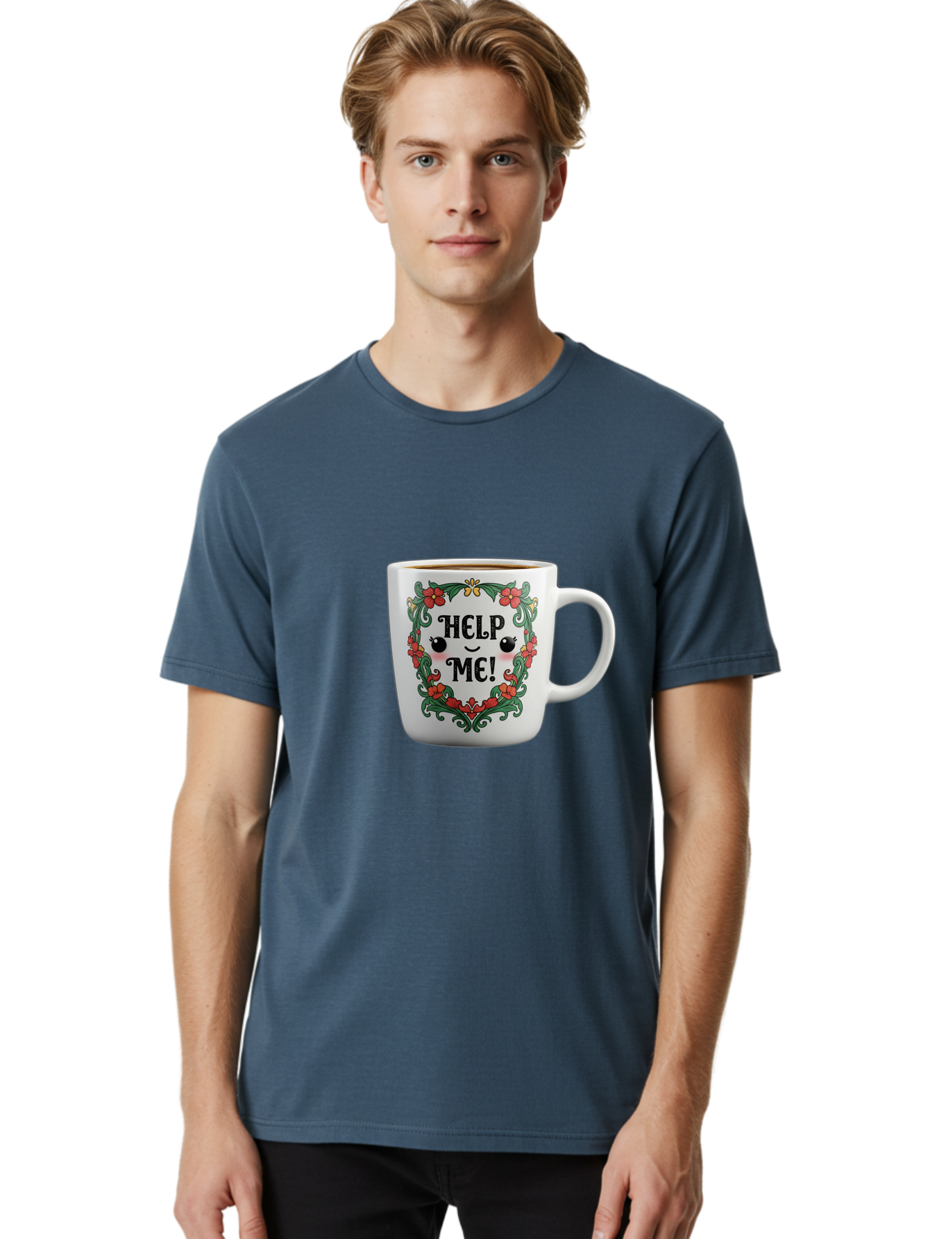 Help-Me-13 Men'S Graphic Tee, 100% Cotton, Comfortable Casual Summer Wear, Machine Washable, Funny Coffee Mug, Quirky Design, Distressed Humor, Floral Wreath, Cute Face, Humorous Quote, Playful Design, Novelty Mug, Coffee Lover Gift Bac039 26