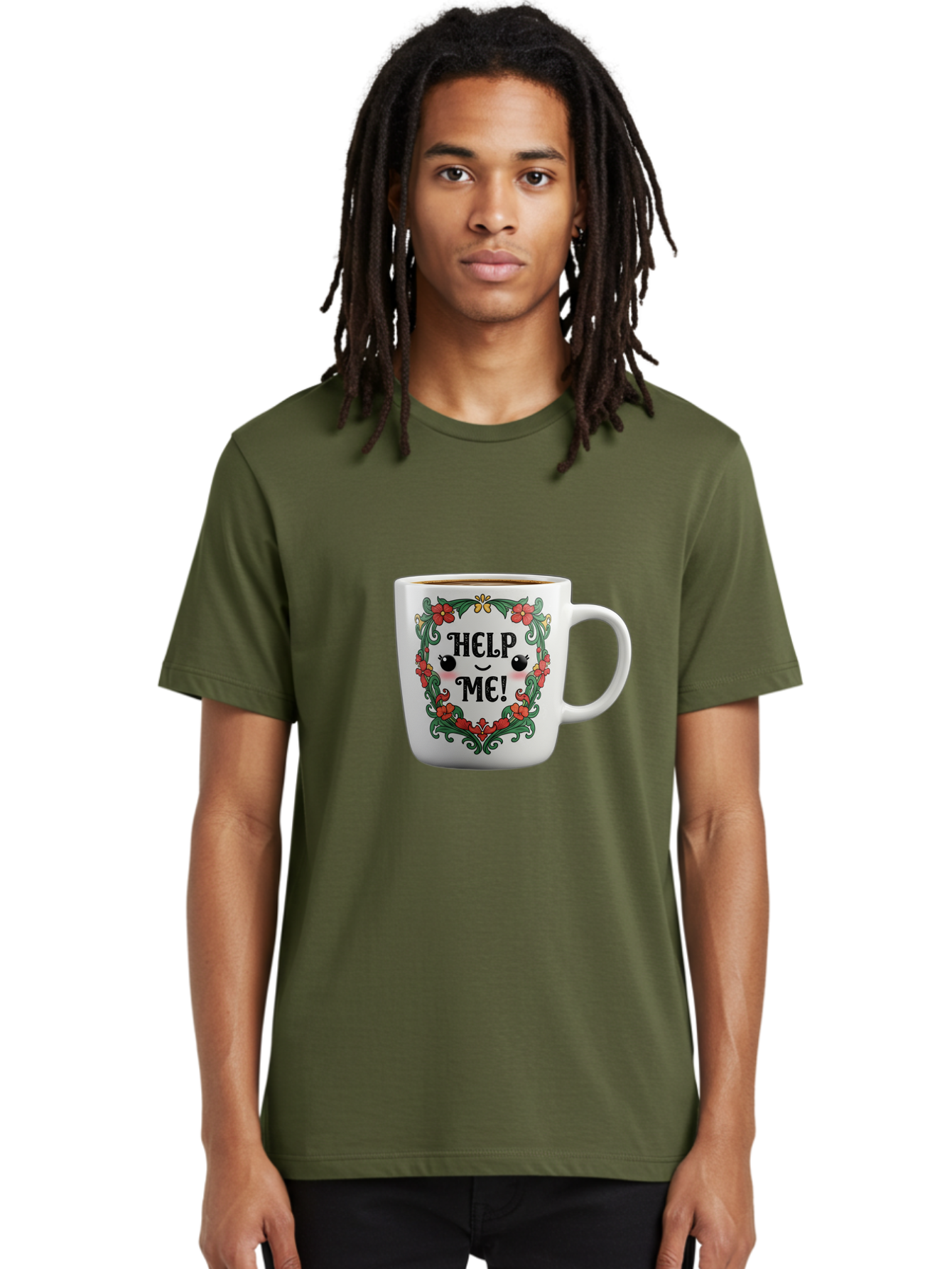 Help-Me-13 Men'S Graphic Tee, 100% Cotton, Comfortable Casual Summer Wear, Machine Washable, Funny Coffee Mug, Quirky Design, Distressed Humor, Floral Wreath, Cute Face, Humorous Quote, Playful Design, Novelty Mug, Coffee Lover Gift Bac039 30