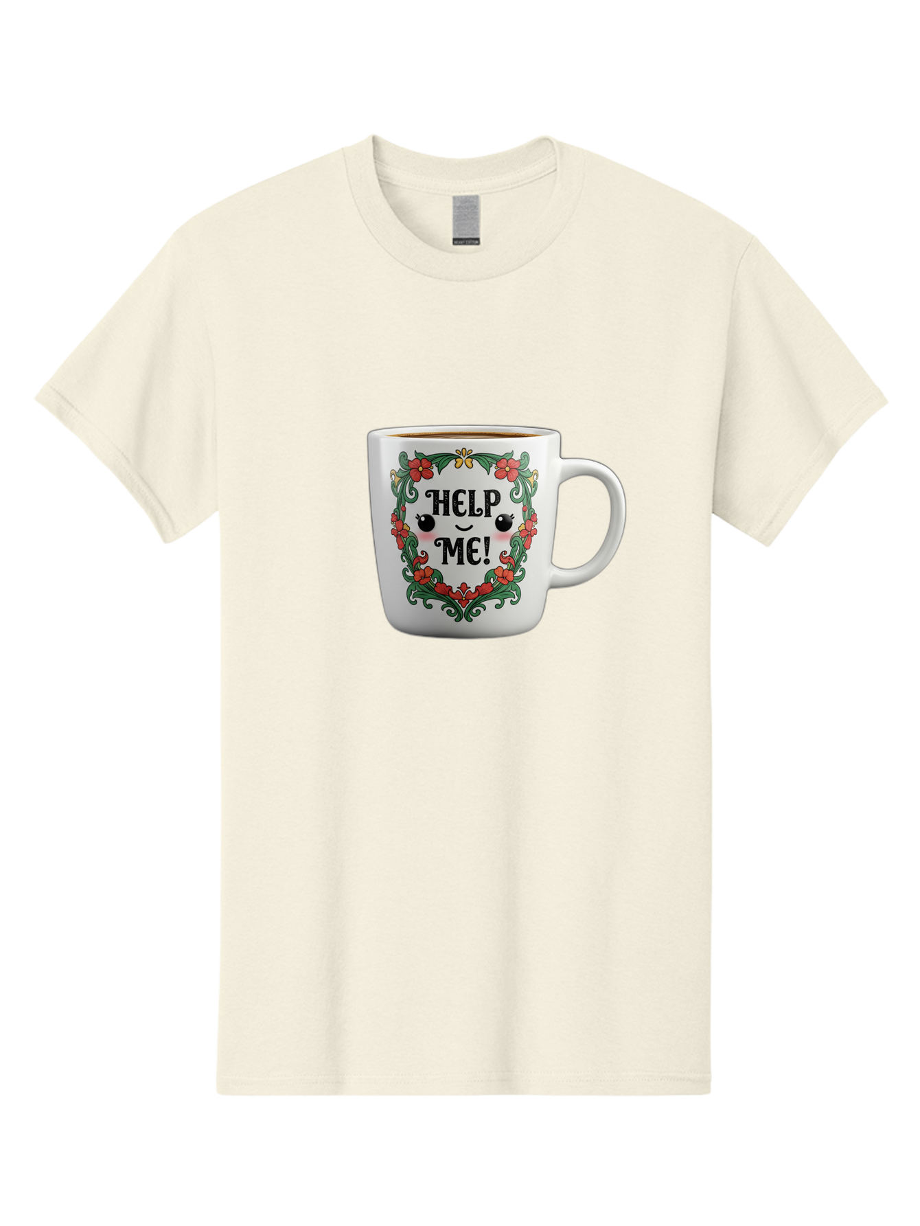Help-Me-13 Men'S Graphic Tee, 100% Cotton, Comfortable Casual Summer Wear, Machine Washable, Funny Coffee Mug, Quirky Design, Distressed Humor, Floral Wreath, Cute Face, Humorous Quote, Playful Design, Novelty Mug, Coffee Lover Gift Bac039 13