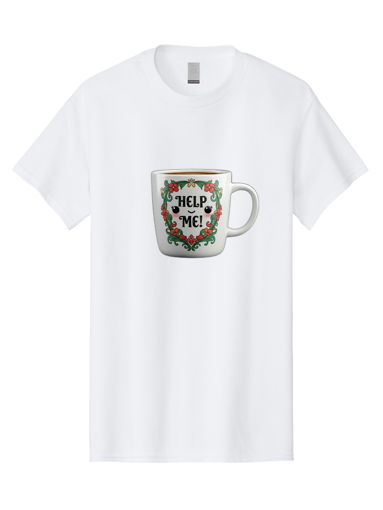 Help-Me-13 Men'S Graphic Tee, 100% Cotton, Comfortable Casual Summer Wear, Machine Washable, Funny Coffee Mug, Quirky Design, Distressed Humor, Floral Wreath, Cute Face, Humorous Quote, Playful Design, Novelty Mug, Coffee Lover Gift Bac039 3
