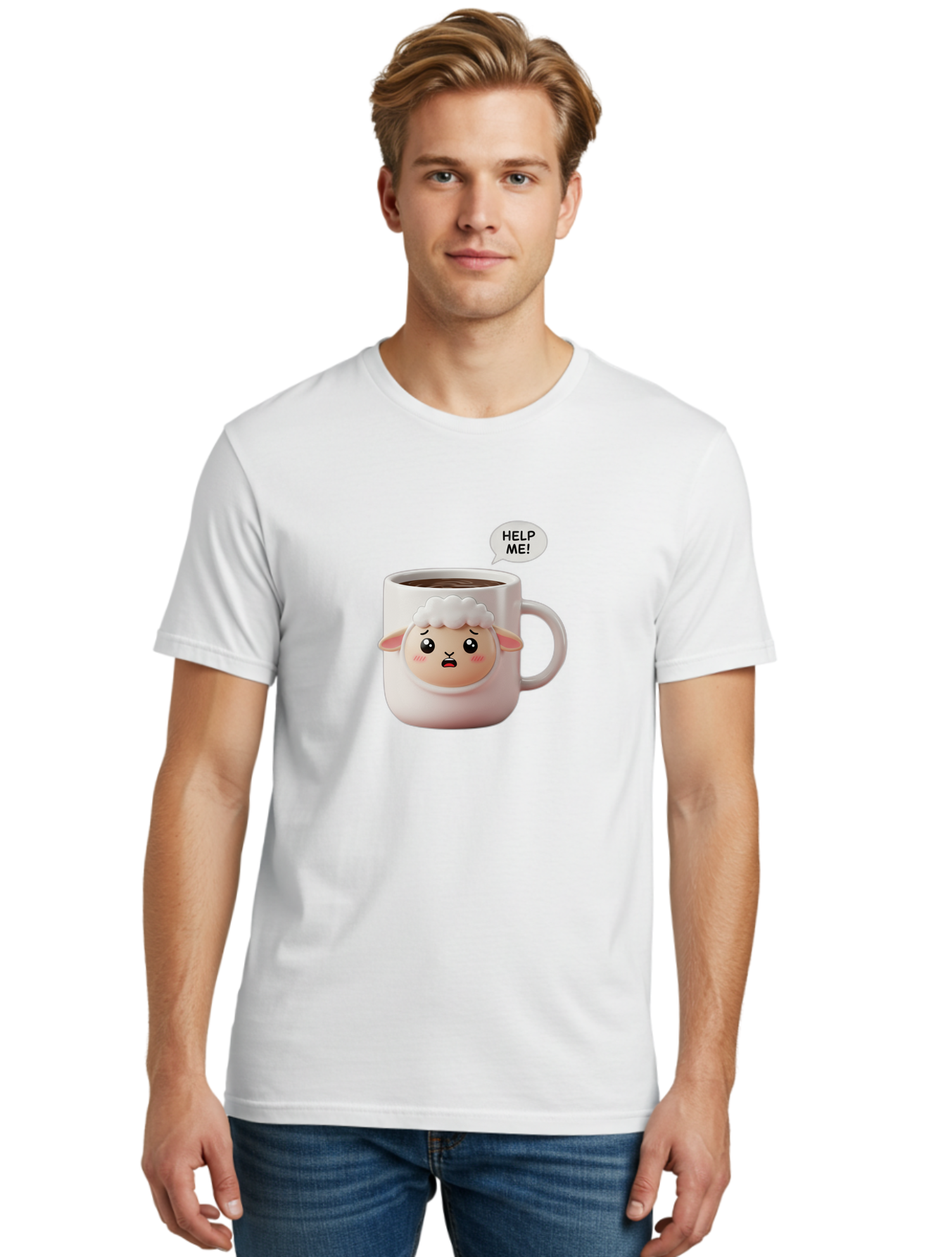Help-Me-6 Men'S Graphic Tee, 100% Cotton, Comfortable Casual Summer Wear, Machine Washable, Sheep Mug, Coffee Cup, Helping Hand, Distressed Lamb, Cute Cartoon Character, Funny Meme, Adorable Design, Coffee Lover Gift, Quirky Humor, Sheep Face, Bac046 18