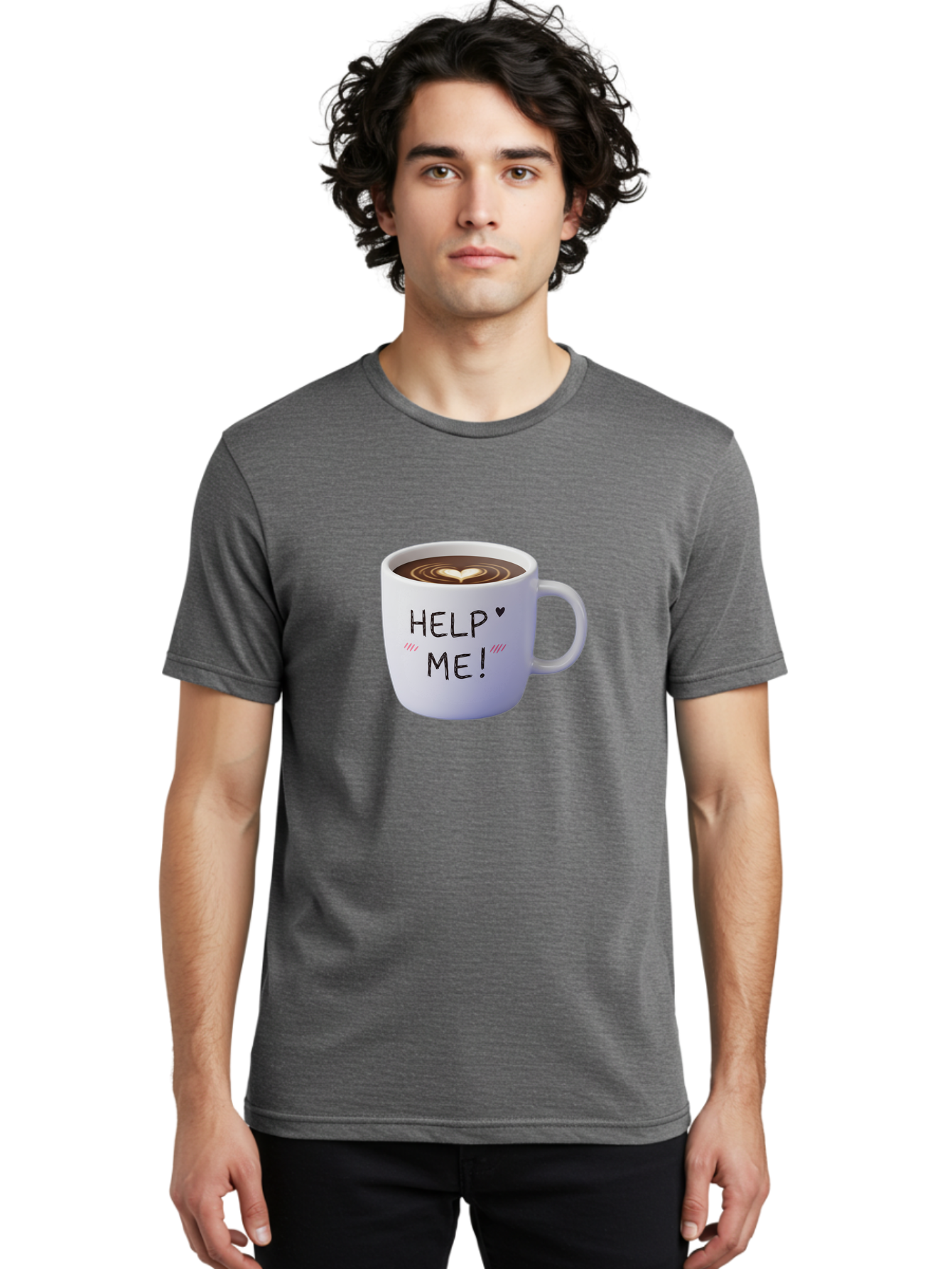 Help-Me-7 Men'S Graphic Tee, 100% Cotton, Comfortable Casual Summer Wear, Machine Washable, Coffee Mug With Heart Design, Coffee Art, 'Help Me' Text, Latte Art, Coffee Culture, Morning Pick-Me-Up, Coffee Love, Daily Grind Bac047 18