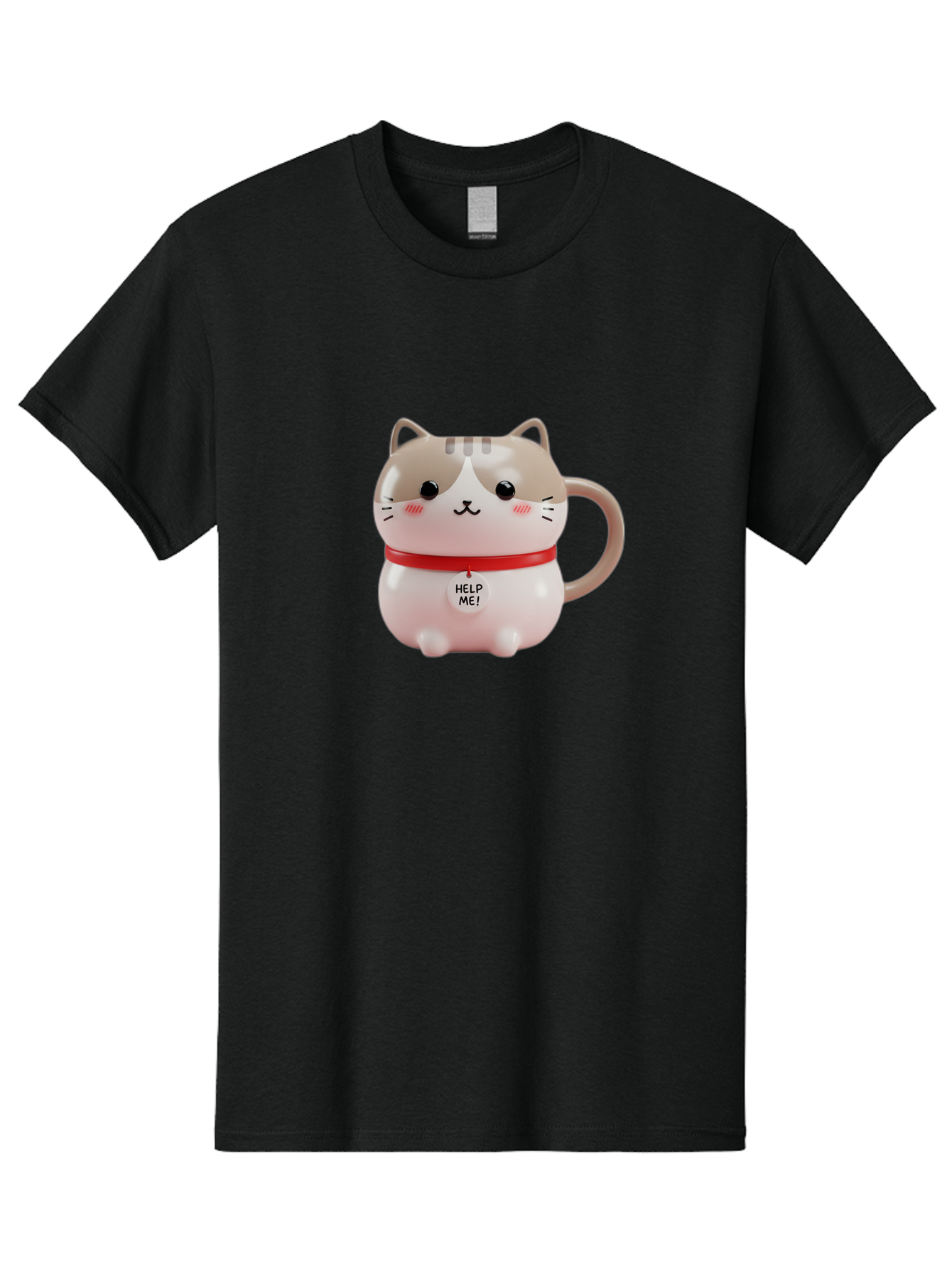 Help-Me-Cat-Mug Men'S Graphic Tee, 100% Cotton, Comfortable Casual Summer Wear, Machine Washable, Cute Cat Mug, Funny Cat Design, Help Me Text, Pink Cat, Red Collar, Cat Lover Gift, Kawaii Cat, Novelty Mug, Cat Figurine Bac050 15