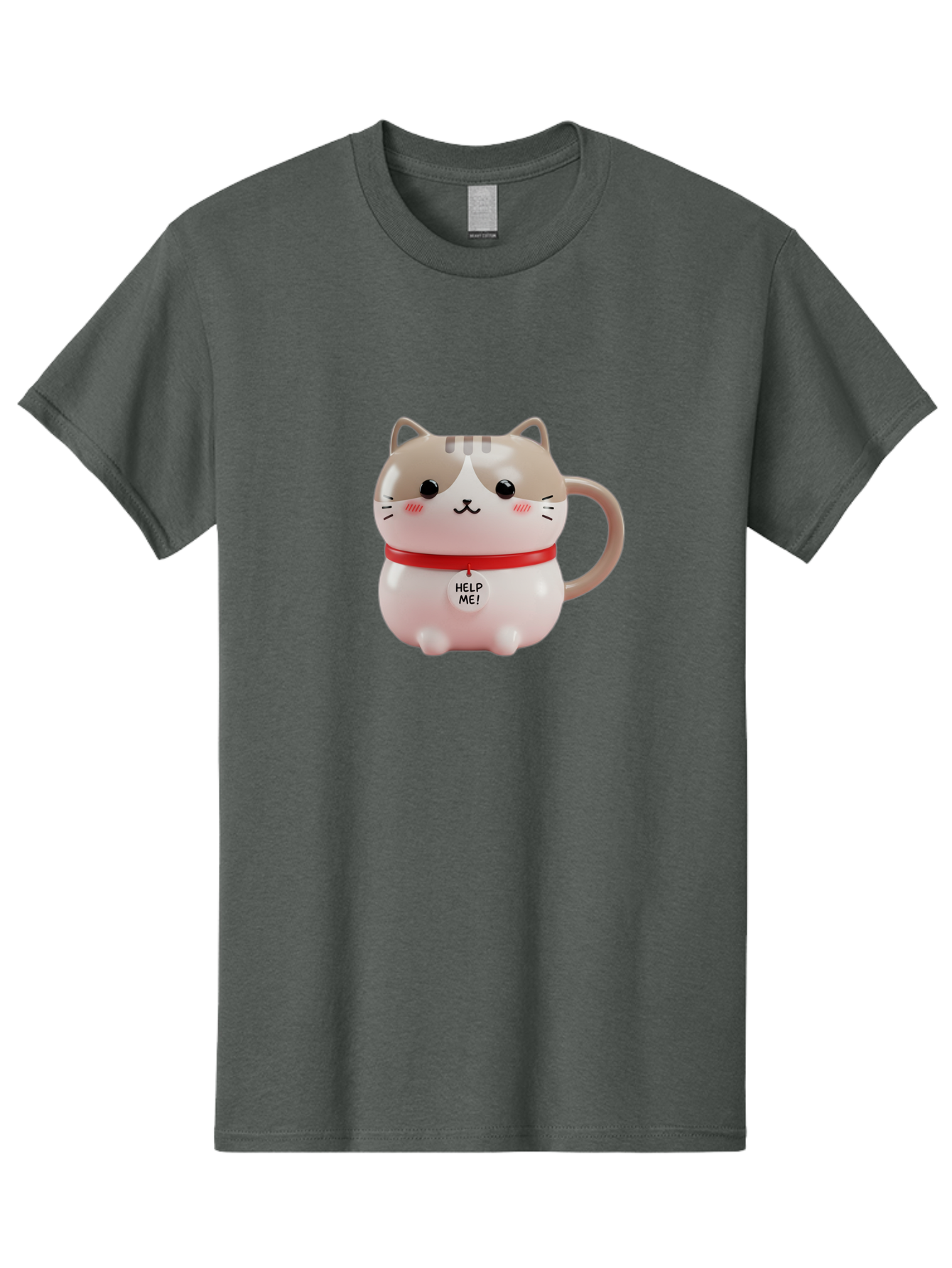 Help-Me-Cat-Mug Men'S Graphic Tee, 100% Cotton, Comfortable Casual Summer Wear, Machine Washable, Cute Cat Mug, Funny Cat Design, Help Me Text, Pink Cat, Red Collar, Cat Lover Gift, Kawaii Cat, Novelty Mug, Cat Figurine Bac050 4