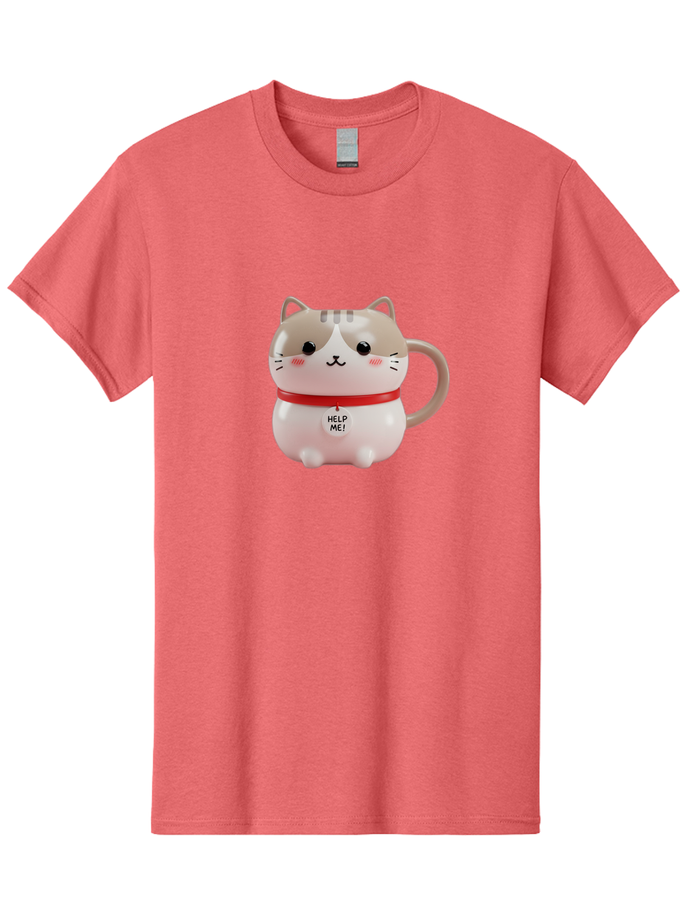 Help-Me-Cat-Mug Men'S Graphic Tee, 100% Cotton, Comfortable Casual Summer Wear, Machine Washable, Cute Cat Mug, Funny Cat Design, Help Me Text, Pink Cat, Red Collar, Cat Lover Gift, Kawaii Cat, Novelty Mug, Cat Figurine Bac050 11