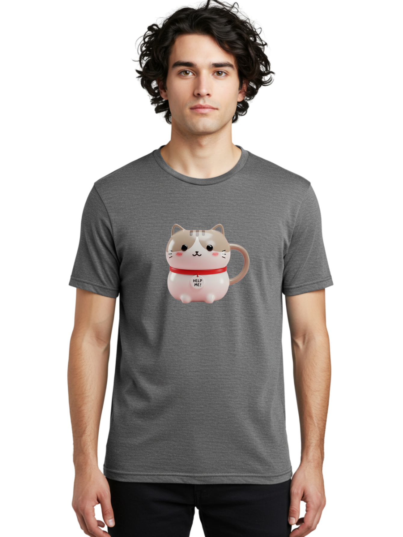 Help-Me-Cat-Mug Men'S Graphic Tee, 100% Cotton, Comfortable Casual Summer Wear, Machine Washable, Cute Cat Mug, Funny Cat Design, Help Me Text, Pink Cat, Red Collar, Cat Lover Gift, Kawaii Cat, Novelty Mug, Cat Figurine Bac050 20
