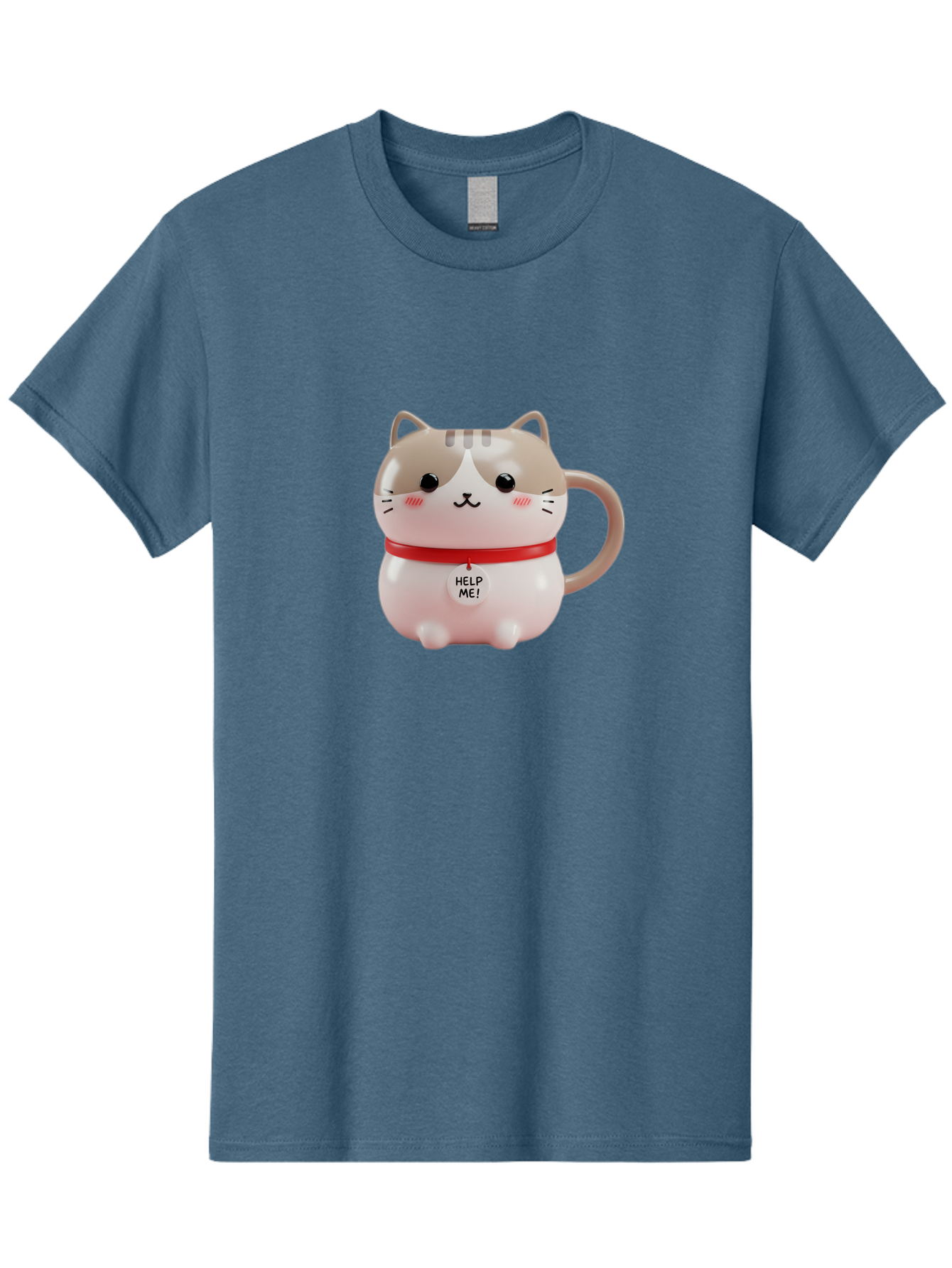 Help-Me-Cat-Mug Men'S Graphic Tee, 100% Cotton, Comfortable Casual Summer Wear, Machine Washable, Cute Cat Mug, Funny Cat Design, Help Me Text, Pink Cat, Red Collar, Cat Lover Gift, Kawaii Cat, Novelty Mug, Cat Figurine Bac050 13