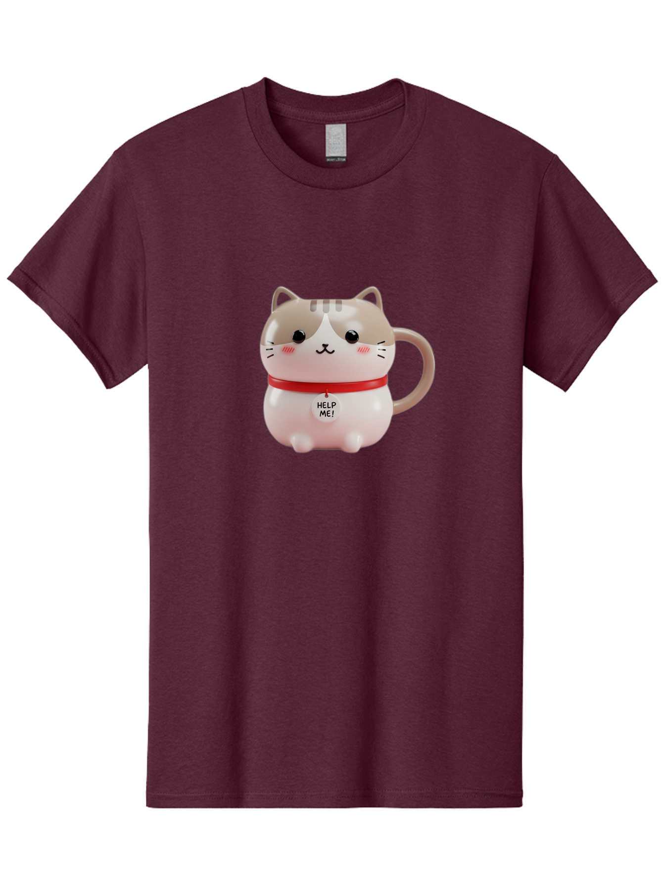Help-Me-Cat-Mug Men'S Graphic Tee, 100% Cotton, Comfortable Casual Summer Wear, Machine Washable, Cute Cat Mug, Funny Cat Design, Help Me Text, Pink Cat, Red Collar, Cat Lover Gift, Kawaii Cat, Novelty Mug, Cat Figurine Bac050 7