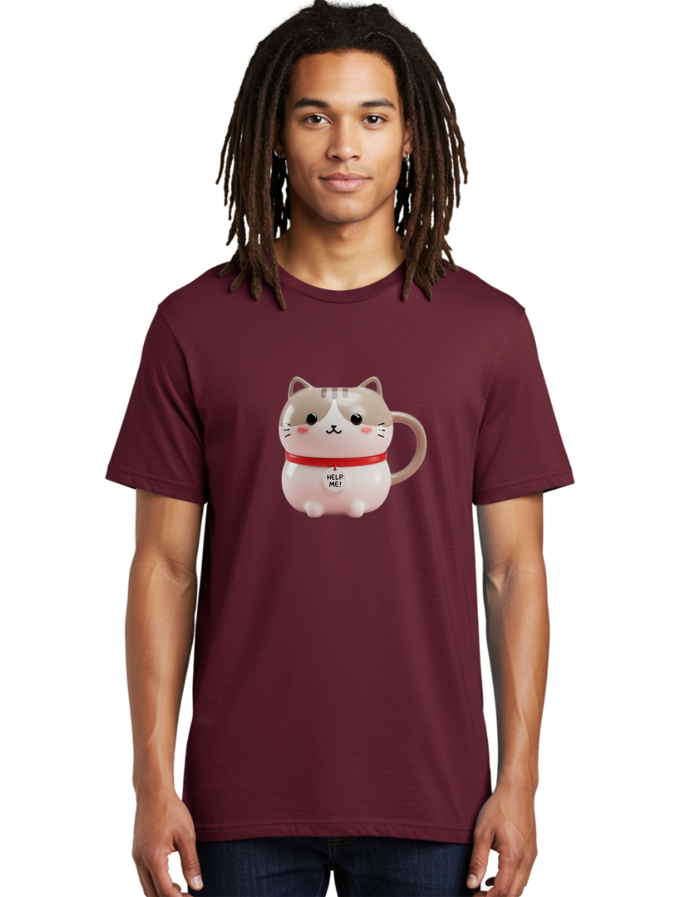 Help-Me-Cat-Mug Men'S Graphic Tee, 100% Cotton, Comfortable Casual Summer Wear, Machine Washable, Cute Cat Mug, Funny Cat Design, Help Me Text, Pink Cat, Red Collar, Cat Lover Gift, Kawaii Cat, Novelty Mug, Cat Figurine Bac050 22
