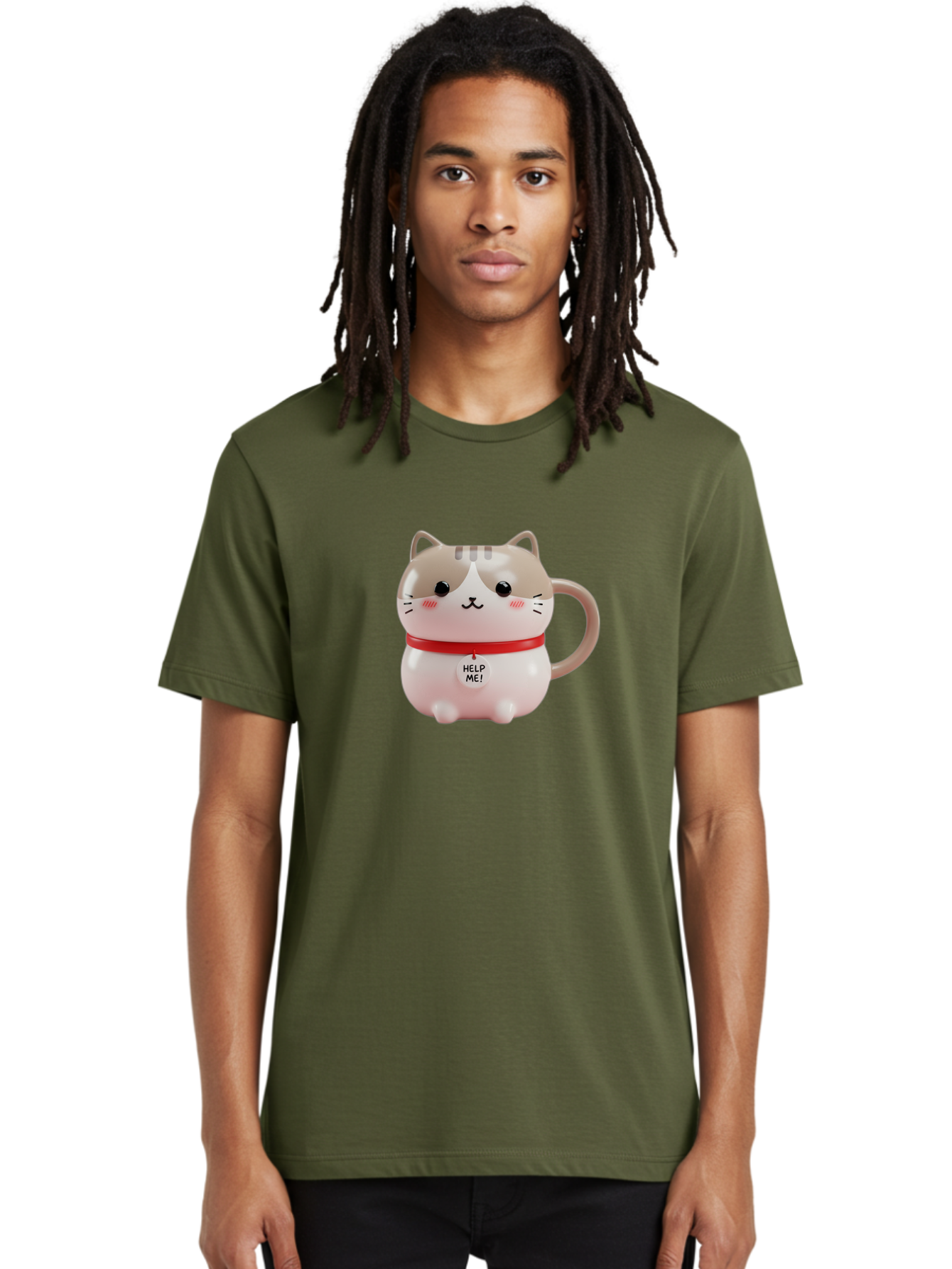 Help-Me-Cat-Mug Men'S Graphic Tee, 100% Cotton, Comfortable Casual Summer Wear, Machine Washable, Cute Cat Mug, Funny Cat Design, Help Me Text, Pink Cat, Red Collar, Cat Lover Gift, Kawaii Cat, Novelty Mug, Cat Figurine Bac050 17