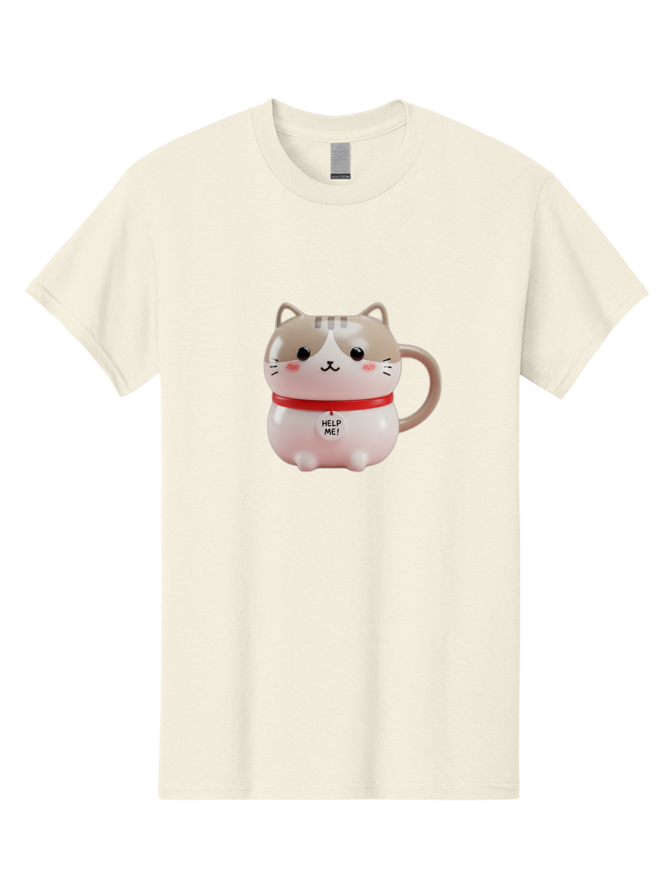 Help-Me-Cat-Mug Men'S Graphic Tee, 100% Cotton, Comfortable Casual Summer Wear, Machine Washable, Cute Cat Mug, Funny Cat Design, Help Me Text, Pink Cat, Red Collar, Cat Lover Gift, Kawaii Cat, Novelty Mug, Cat Figurine Bac050 3