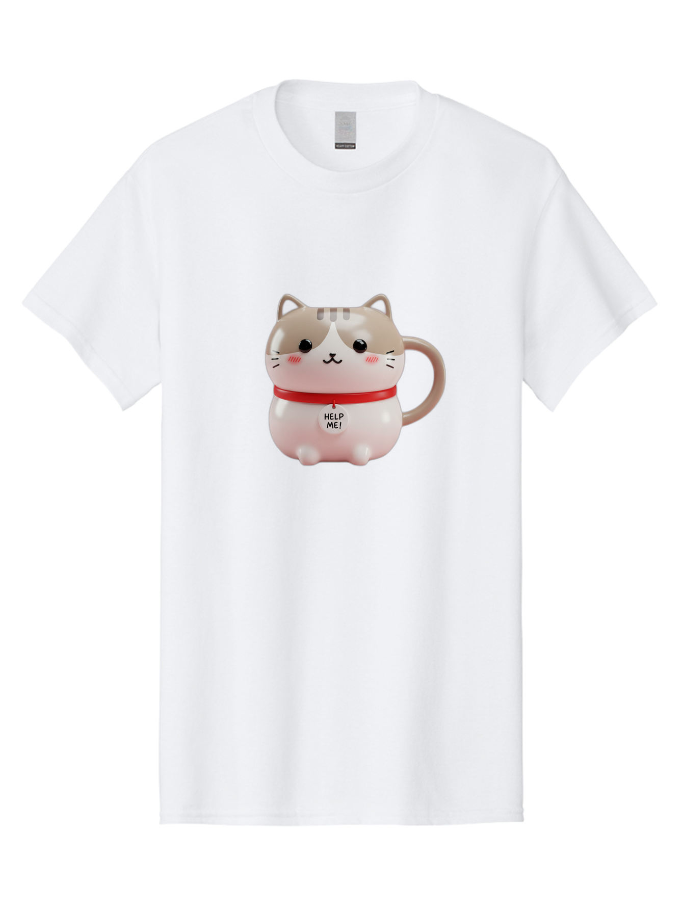 Help-Me-Cat-Mug Men'S Graphic Tee, 100% Cotton, Comfortable Casual Summer Wear, Machine Washable, Cute Cat Mug, Funny Cat Design, Help Me Text, Pink Cat, Red Collar, Cat Lover Gift, Kawaii Cat, Novelty Mug, Cat Figurine Bac050 9