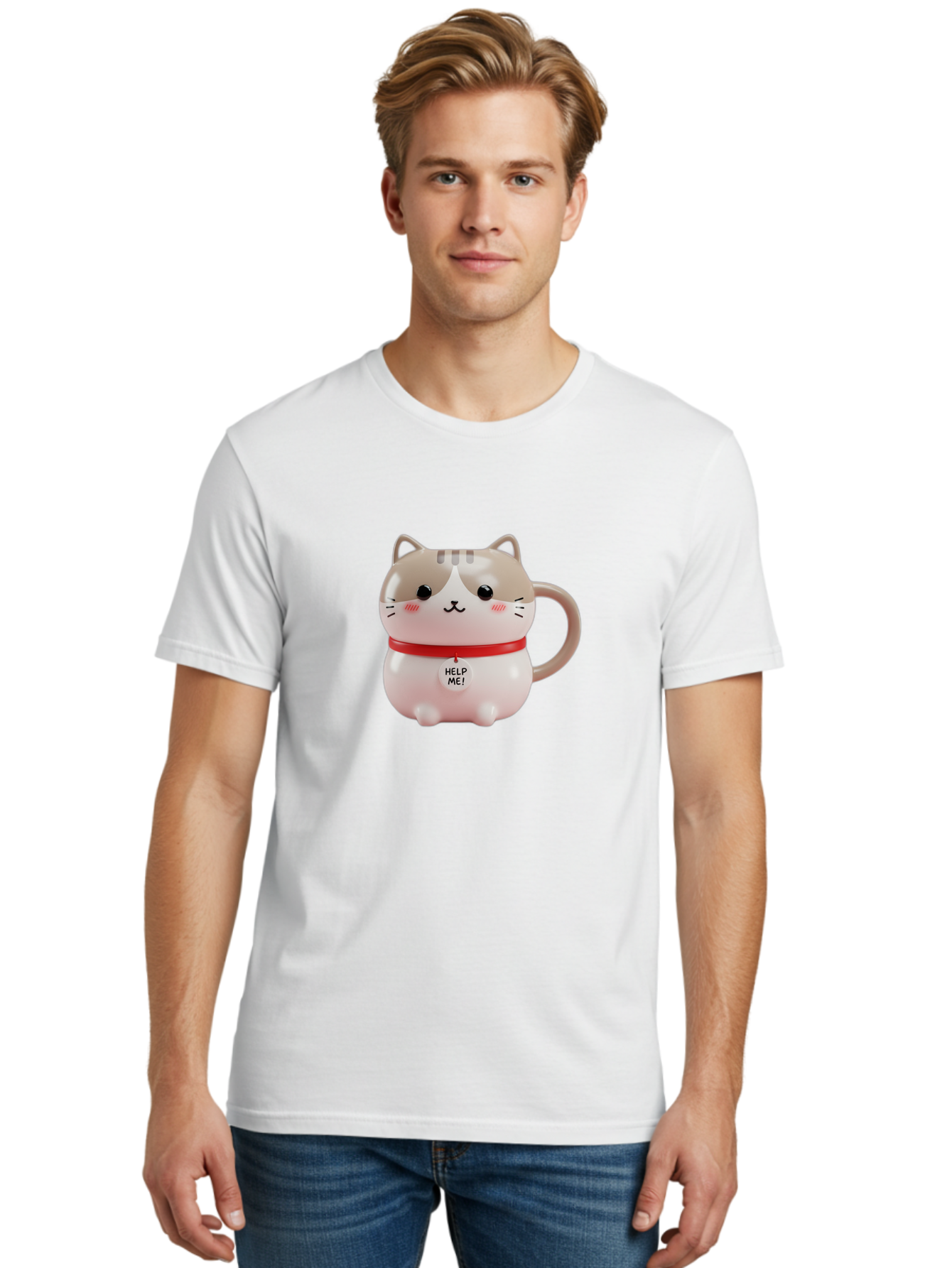 Help-Me-Cat-Mug Men'S Graphic Tee, 100% Cotton, Comfortable Casual Summer Wear, Machine Washable, Cute Cat Mug, Funny Cat Design, Help Me Text, Pink Cat, Red Collar, Cat Lover Gift, Kawaii Cat, Novelty Mug, Cat Figurine Bac050 24