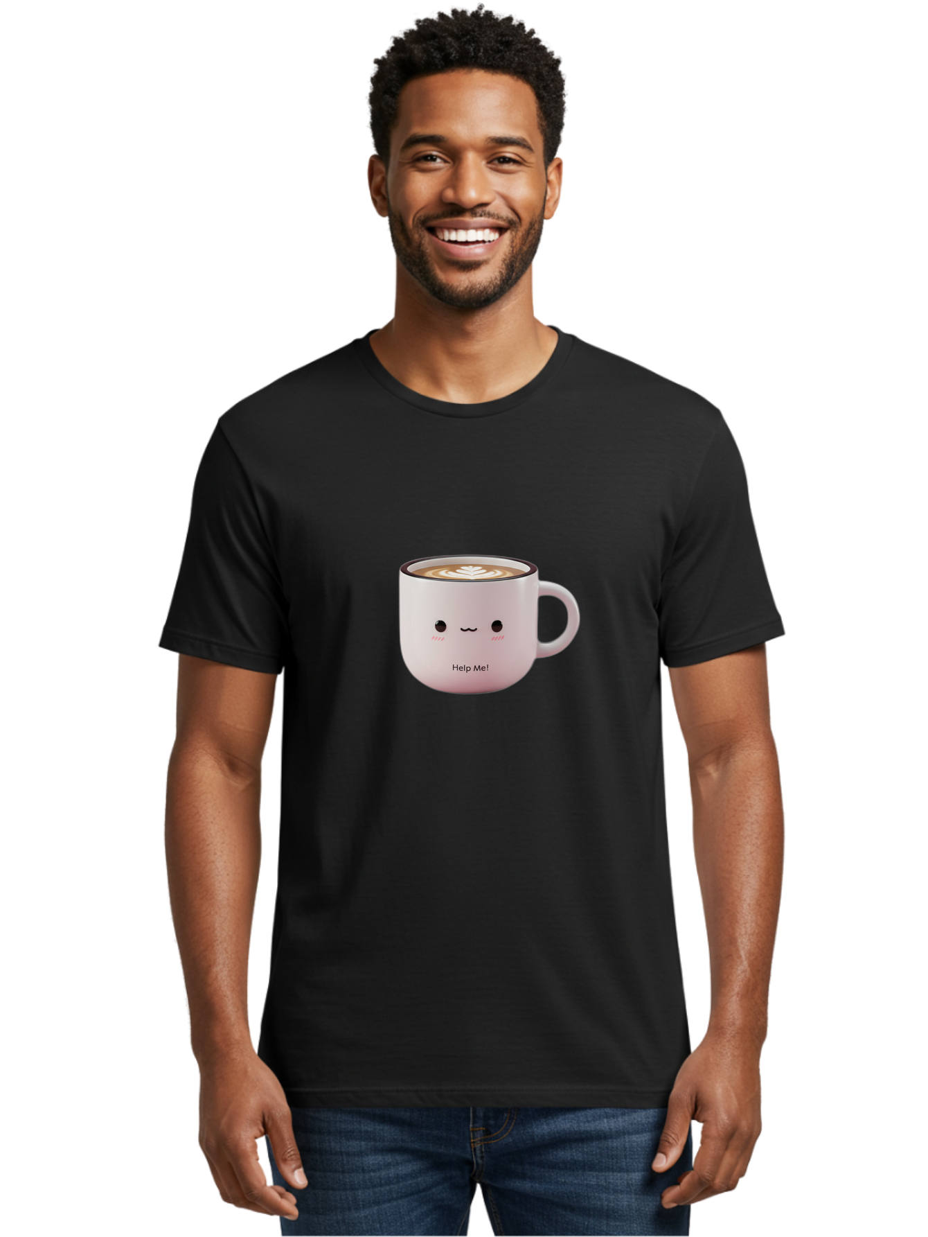 Help-Me-Coffee Men'S Graphic Tee, 100% Cotton, Comfortable Casual Summer Wear, Machine Washable, Cute Coffee Mug, Latte Art, Cartoon Character, Humorous Design, Coffee Lover, Funny Mug, Adorable Design, Coffee Culture, Help Me! Bac051 29