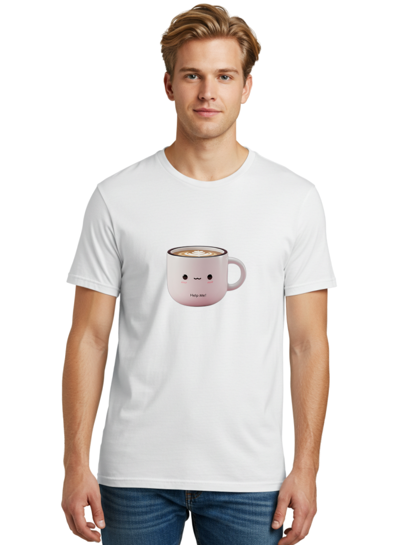 Help-Me-Coffee Men'S Graphic Tee, 100% Cotton, Comfortable Casual Summer Wear, Machine Washable, Cute Coffee Mug, Latte Art, Cartoon Character, Humorous Design, Coffee Lover, Funny Mug, Adorable Design, Coffee Culture, Help Me! Bac051 30